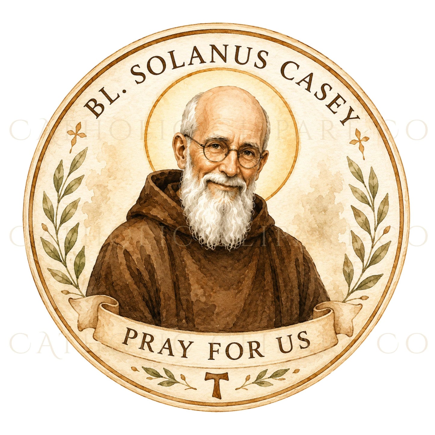 Full-body Blessed Solanus Casey watercolor portrait standing with folded hands, brown Capuchin habit, rope cord, and rosary | Retrato de cuerpo completo en acuarela del Beato Solanus Casey de pie con las manos cruzadas, hábito capuchino marrón, cordón y rosario