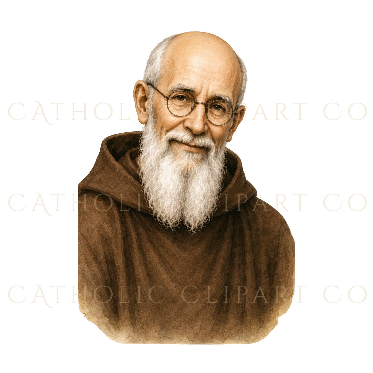 Blessed Solanus Casey blessing pose watercolor clipart with raised right hand, brown Franciscan habit, rosary, and gentle expression | Clipart en acuarela del Beato Solanus Casey en pose de bendición con la mano derecha levantada, hábito franciscano marrón, rosario y expresión amable