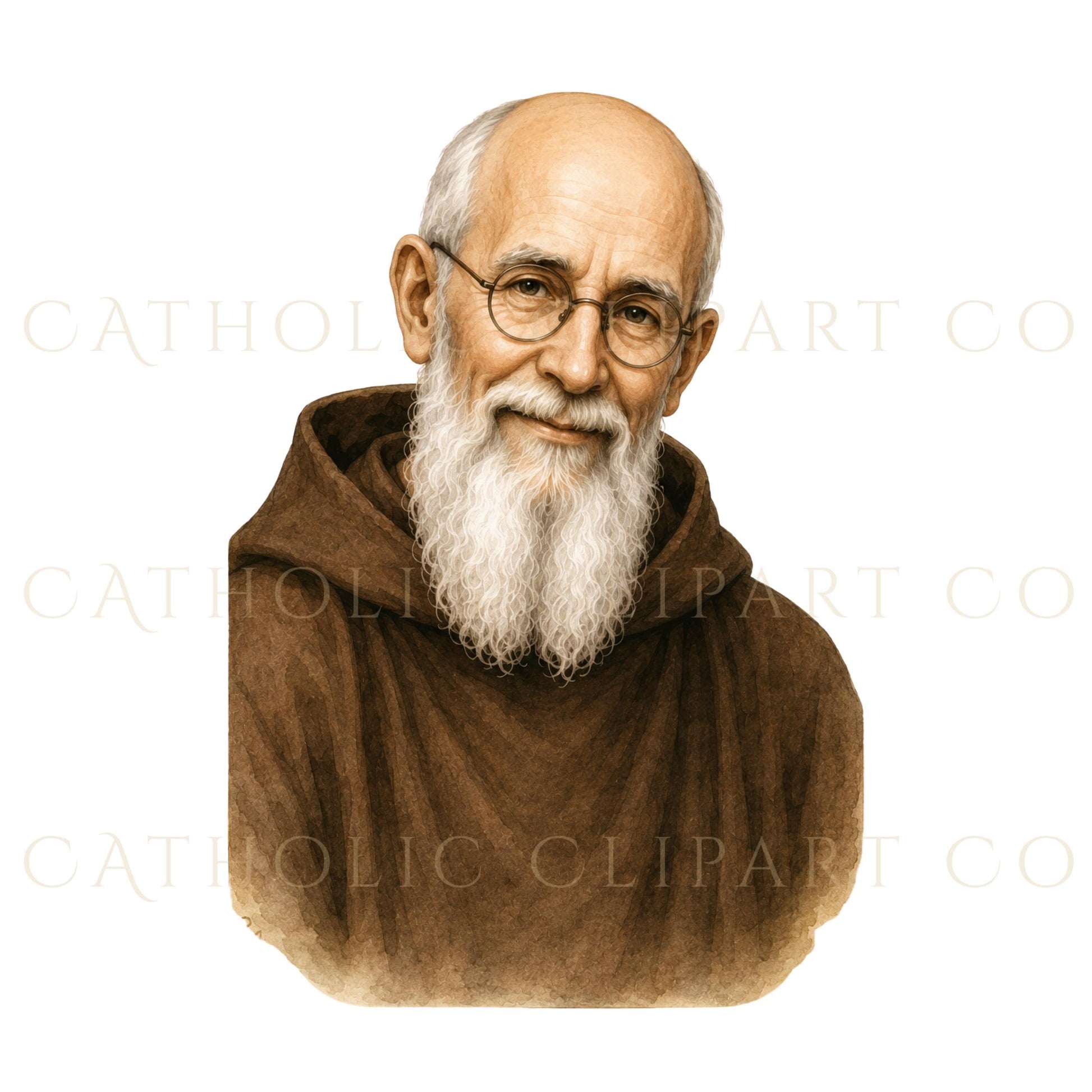 Blessed Solanus Casey blessing pose watercolor clipart with raised right hand, brown Franciscan habit, rosary, and gentle expression | Clipart en acuarela del Beato Solanus Casey en pose de bendición con la mano derecha levantada, hábito franciscano marrón, rosario y expresión amable