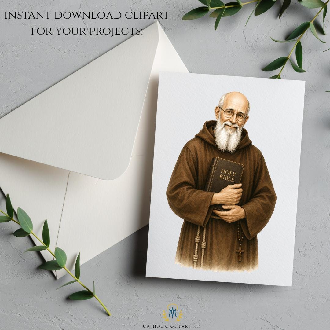 Catholic Blessed Solanus Casey clipart collection featuring Bible, blessing, prayer, rosary, holy card portrait, and saint emblem | Colección de clipart católico del Beato Solanus Casey con Biblia, bendición, oración, rosario, retrato estilo estampa y emblema del santo