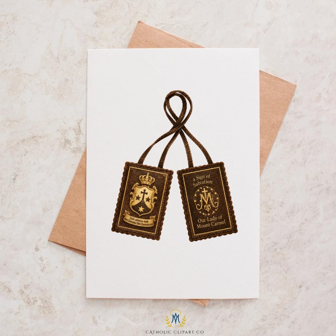 Elegant Marian clipart set with Our Lady of Mount Carmel, Child Jesus, gold religious emblems, scapular, and lilies. / Set elegante de clipart mariano con Nuestra Señora del Carmen, el Niño Jesús, emblemas dorados, escapulario y lirios.
