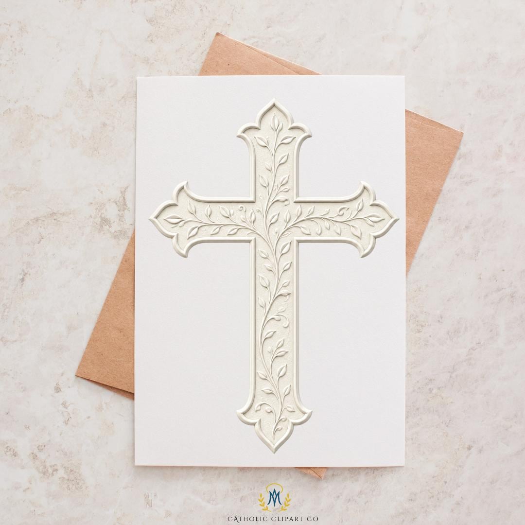 Elegant embossed Christian cross PNG for Catholic wedding designs / Cruz cristiana elegante en relieve PNG para diseños de boda católica