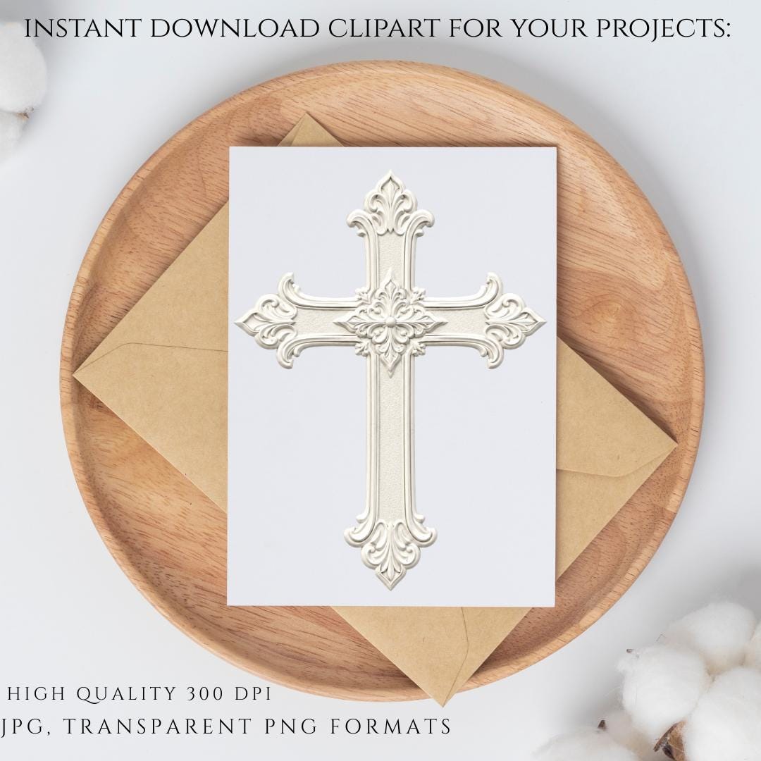 White baroque cross clipart with decorative scrollwork for Christian stationery / Clipart de cruz barroca blanca con volutas decorativas para papelería cristiana