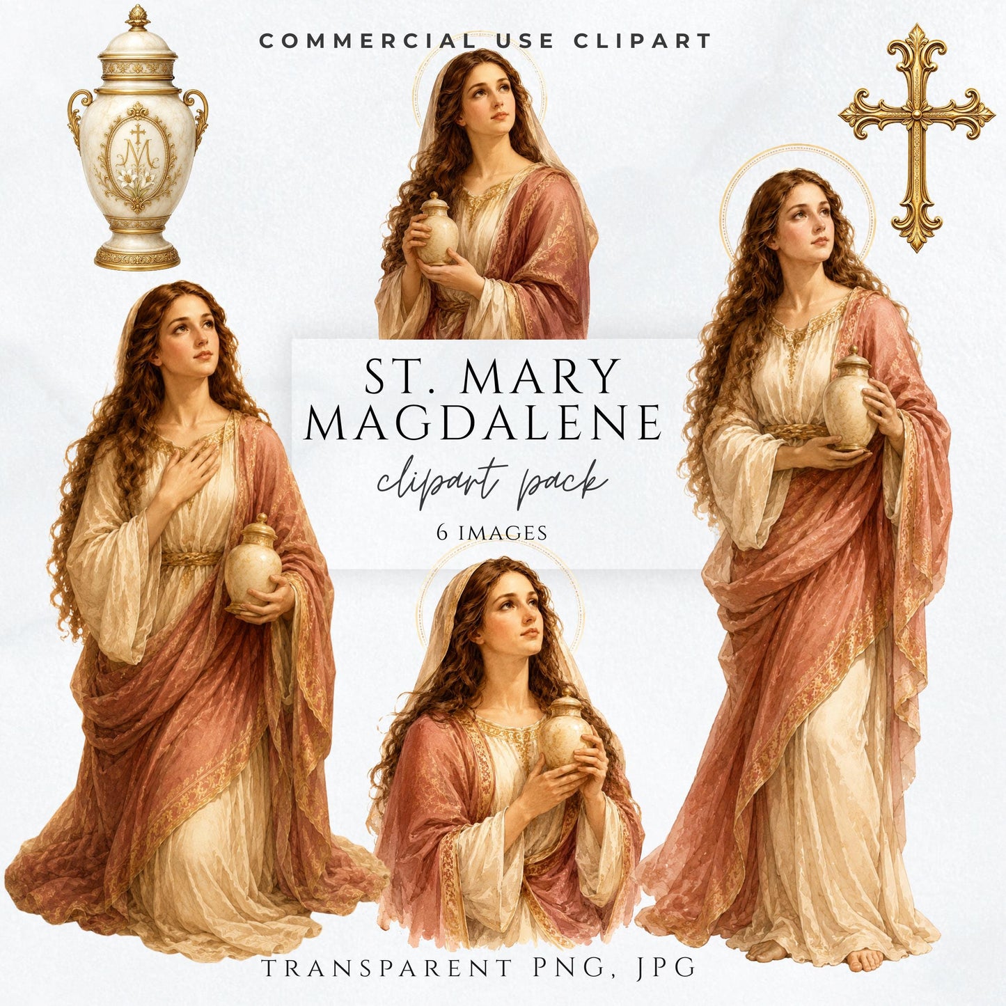 St. Mary Magdalene clipart pack with Catholic saint illustrations, alabaster jar, and ornate gold cross for commercial use | Paquete de clipart de Santa María Magdalena con ilustraciones de santa católica, frasco de alabastro y cruz dorada ornamental para uso comercial