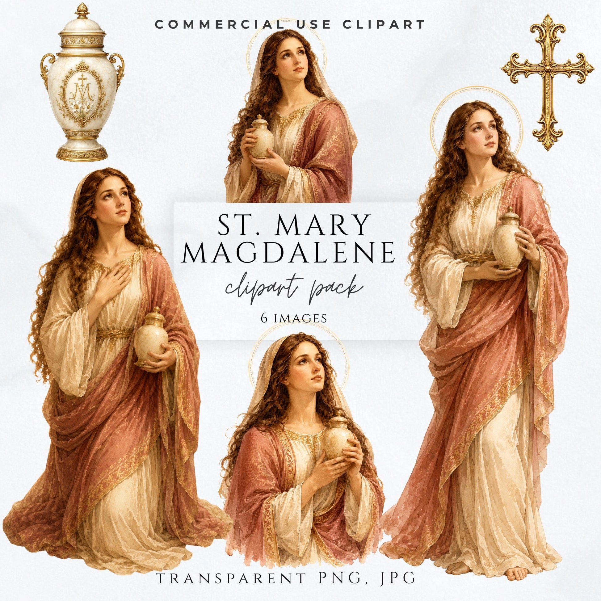 St. Mary Magdalene clipart pack with Catholic saint illustrations, alabaster jar, and ornate gold cross for commercial use | Paquete de clipart de Santa María Magdalena con ilustraciones de santa católica, frasco de alabastro y cruz dorada ornamental para uso comercial