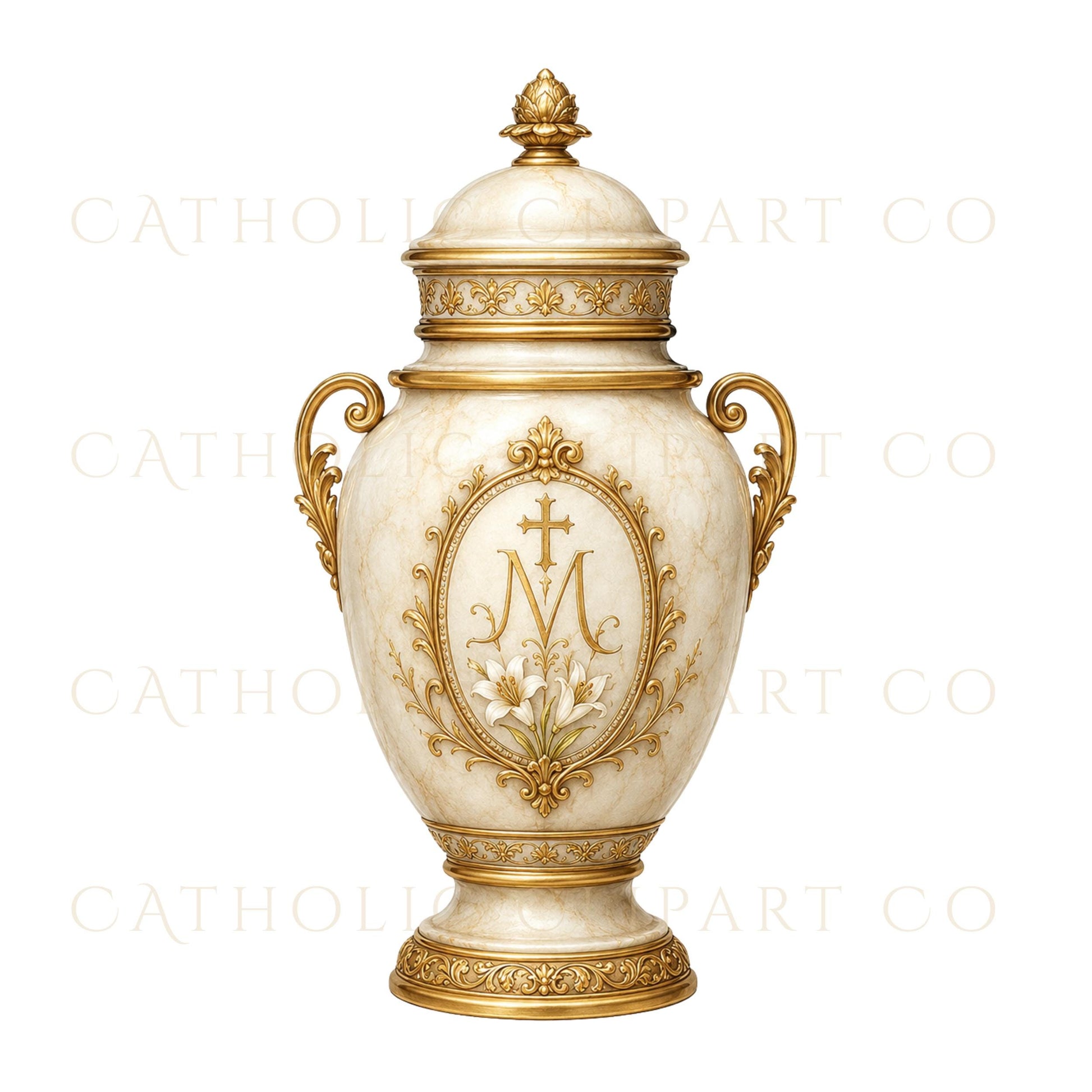 Full-length St. Mary Magdalene clipart holding an alabaster jar in elegant Catholic devotional style | Clipart de cuerpo completo de Santa María Magdalena sosteniendo un frasco de alabastro en elegante estilo devocional católico