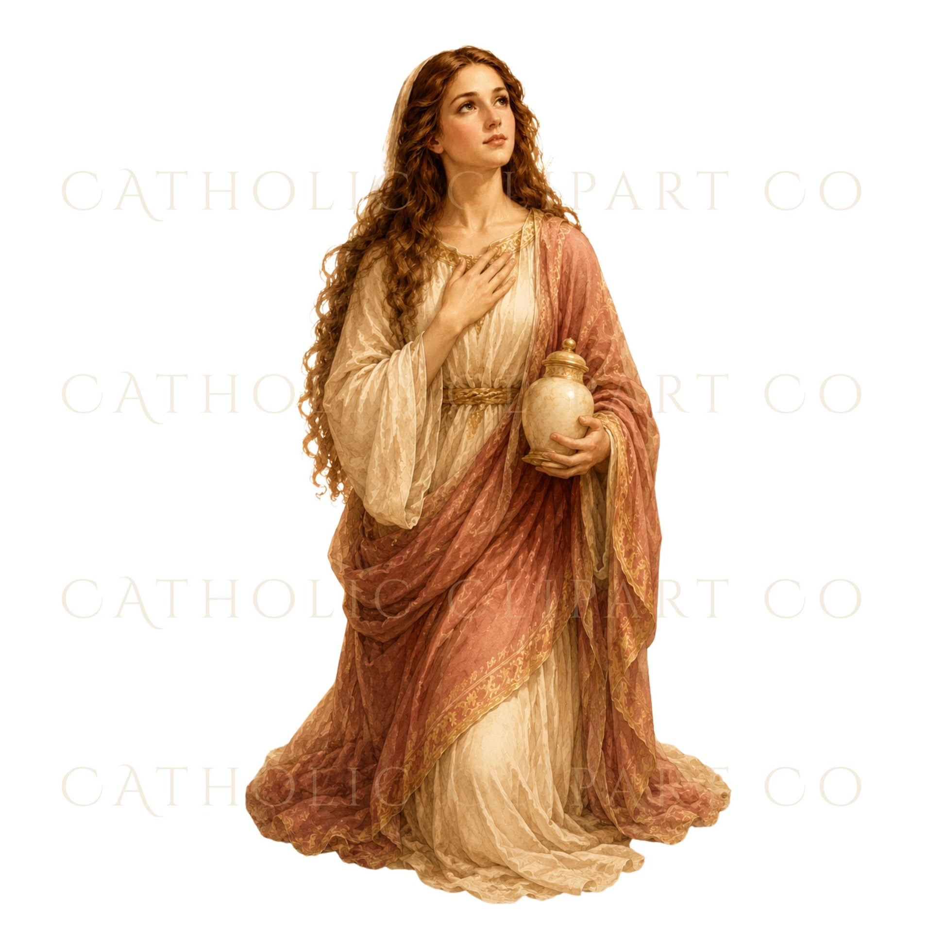 St. Mary Magdalene clipart kneeling with alabaster jar, soft sacred art style for Catholic designs | Clipart de Santa María Magdalena arrodillada con frasco de alabastro, estilo de arte sagrado suave para diseños católicos