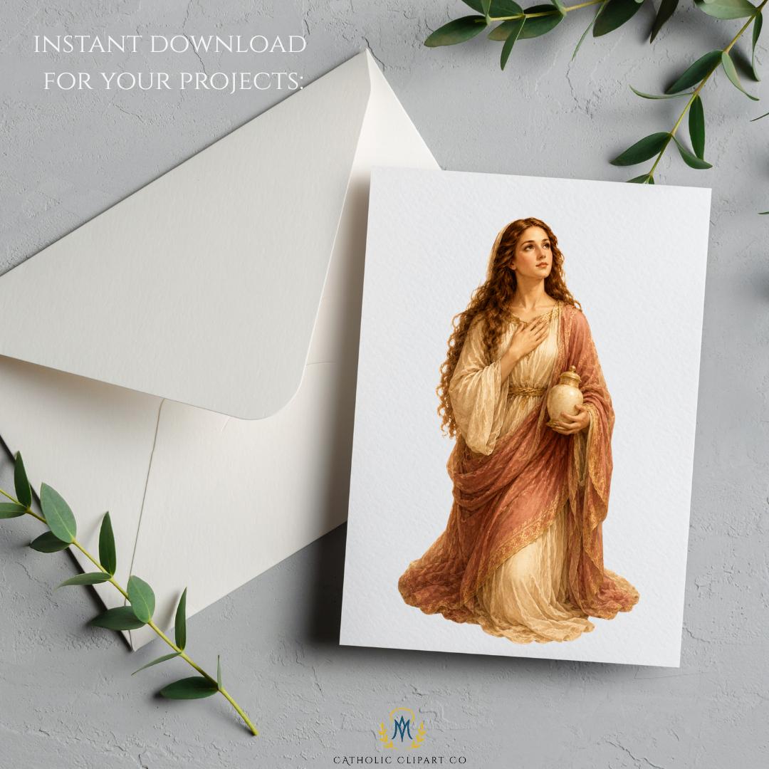 Religious clipart set of St. Mary Magdalene for prayer cards, Bible journaling, feast day printables, and Catholic crafts | Set de clipart religioso de Santa María Magdalena para tarjetas de oración, journaling bíblico, imprimibles de fiesta y manualidades católicas