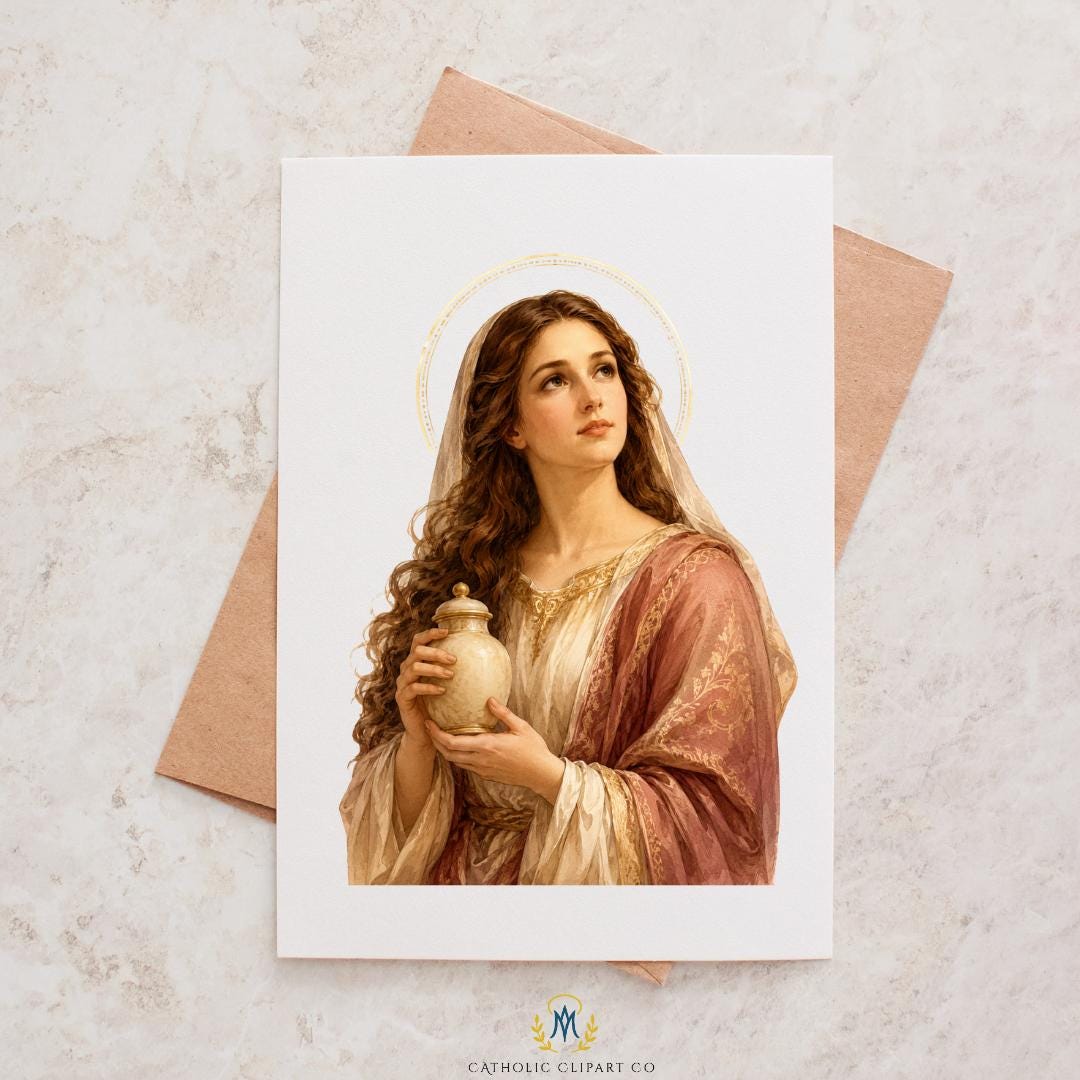 Mary Magdalene Christian clipart holding alabaster jar, ideal for Easter, Bible lessons, and saint feast day designs | Clipart cristiano de María Magdalena sosteniendo un frasco de alabastro, ideal para Pascua, lecciones bíblicas y diseños de fiesta de santos