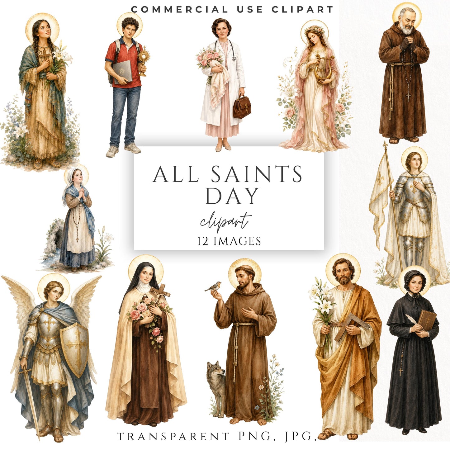 All Saints Day Catholic clipart bundle with 12 watercolor saint illustrations, transparent PNG and JPG religious graphics / Paquete de clipart católico para el Día de Todos los Santos con 12 ilustraciones de santos en acuarela, PNG transparente y JPG