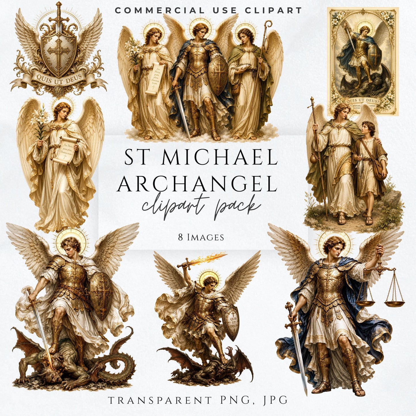 St. Michael the Archangel clipart bundle with ornate gold armor, radiant wings, sword and Catholic religious details | Paquete de clipart de San Miguel Arcángel con armadura dorada, alas radiantes, espada y detalles religiosos católicos.