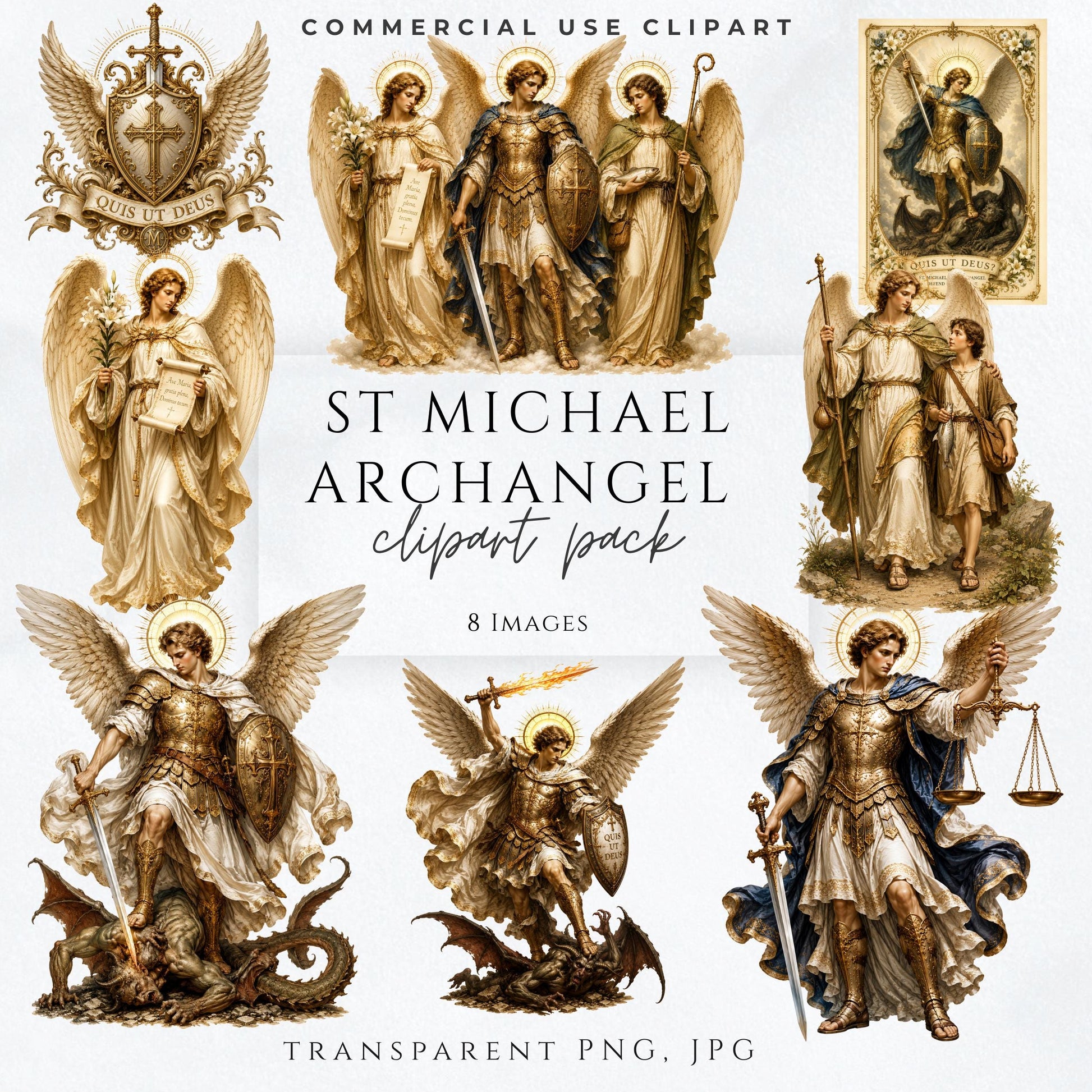 St. Michael the Archangel clipart bundle with ornate gold armor, radiant wings, sword and Catholic religious details | Paquete de clipart de San Miguel Arcángel con armadura dorada, alas radiantes, espada y detalles religiosos católicos.