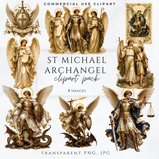 St. Michael the Archangel clipart bundle with ornate gold armor, radiant wings, sword and Catholic religious details | Paquete de clipart de San Miguel Arcángel con armadura dorada, alas radiantes, espada y detalles religiosos católicos.