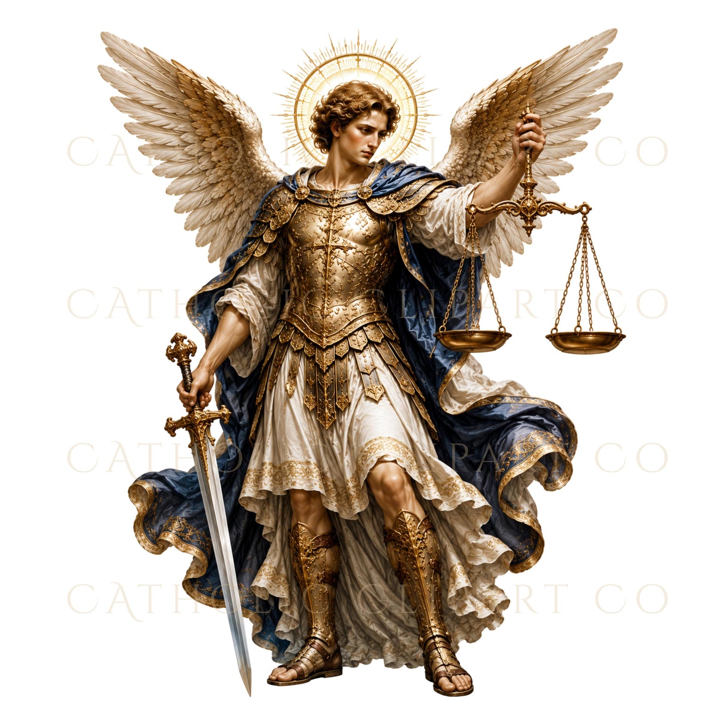 Three Holy Archangels together with Gabriel holding lilies, Michael in armor and Raphael with fish and staff | Los tres Santos Arcángeles juntos, Gabriel con lirios, Miguel con armadura y Rafael con pez y bastón.