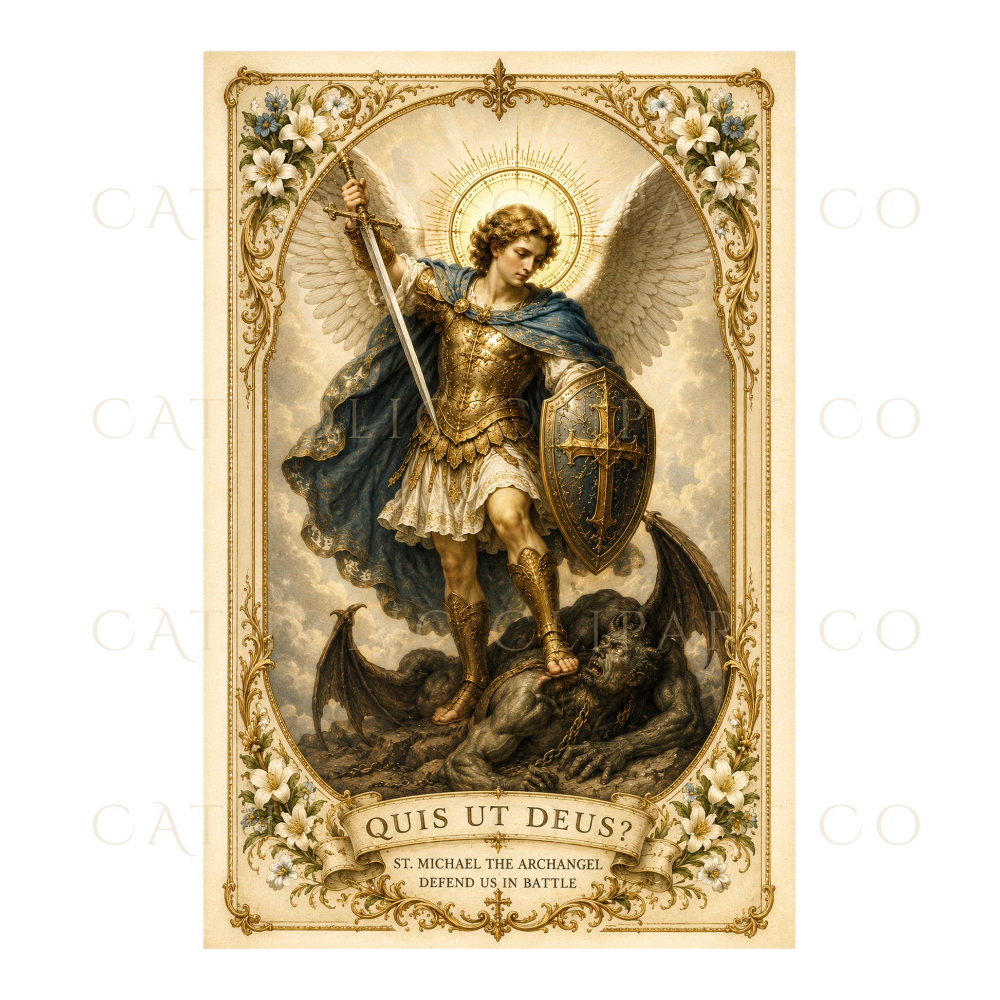 Vintage St. Michael holy card with ornate floral border, large halo and the archangel standing over the defeated dragon | Estampa vintage de San Miguel con borde floral ornamentado, gran halo y el arcángel sobre el dragón vencido.