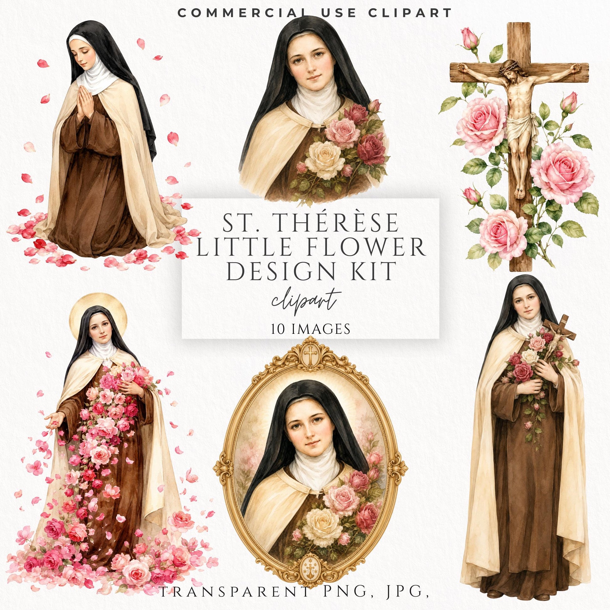 St Therese Little Flower watercolor clipart bundle with roses, crucifix, and Catholic saint portraits | Clipart de Santa Teresita La Pequeña Flor con rosas, crucifijo y retratos católicos