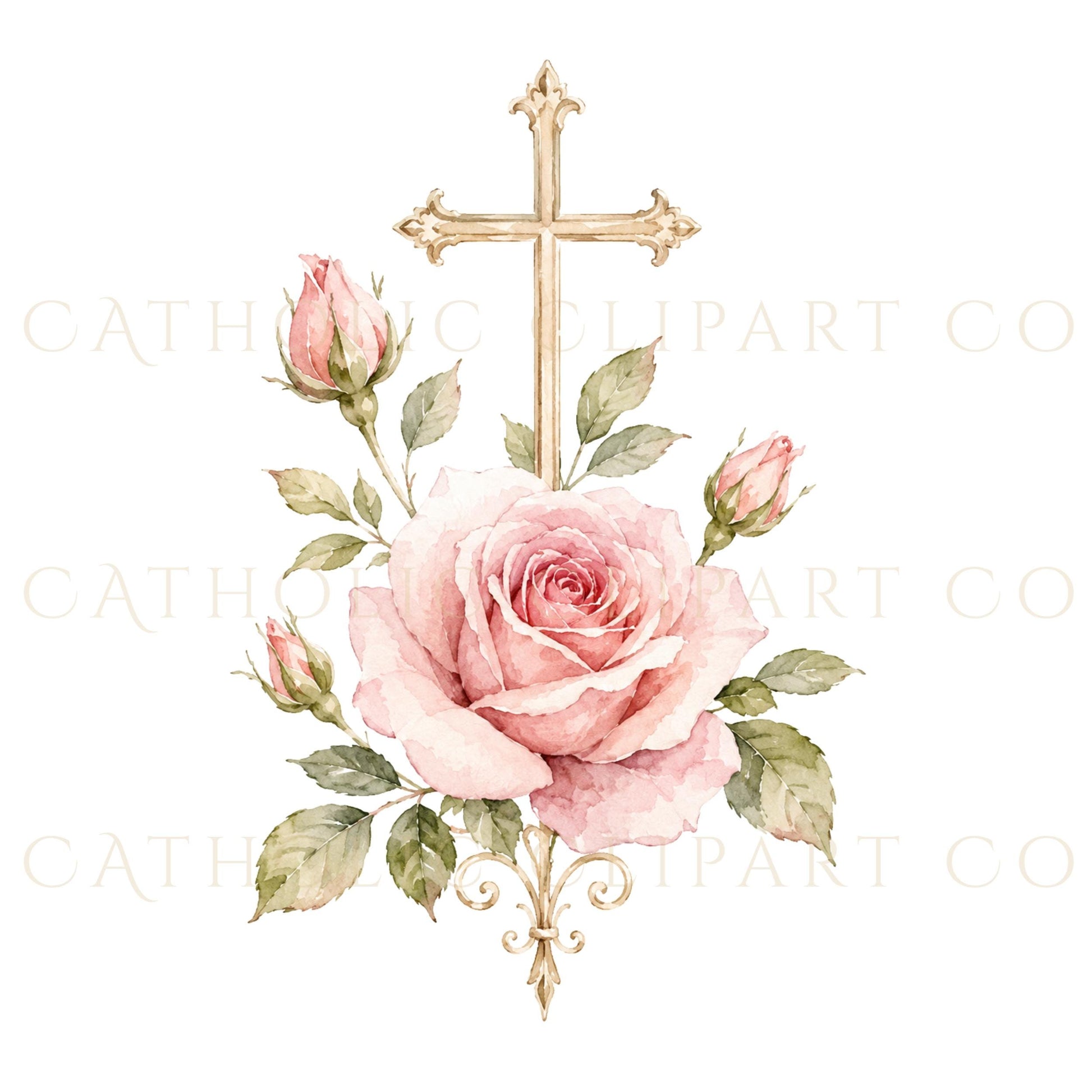 St Therese kneeling in prayer with rose petals, Catholic watercolor saint clipart | Santa Teresita arrodillada en oración con pétalos de rosa, clipart católico en acuarela