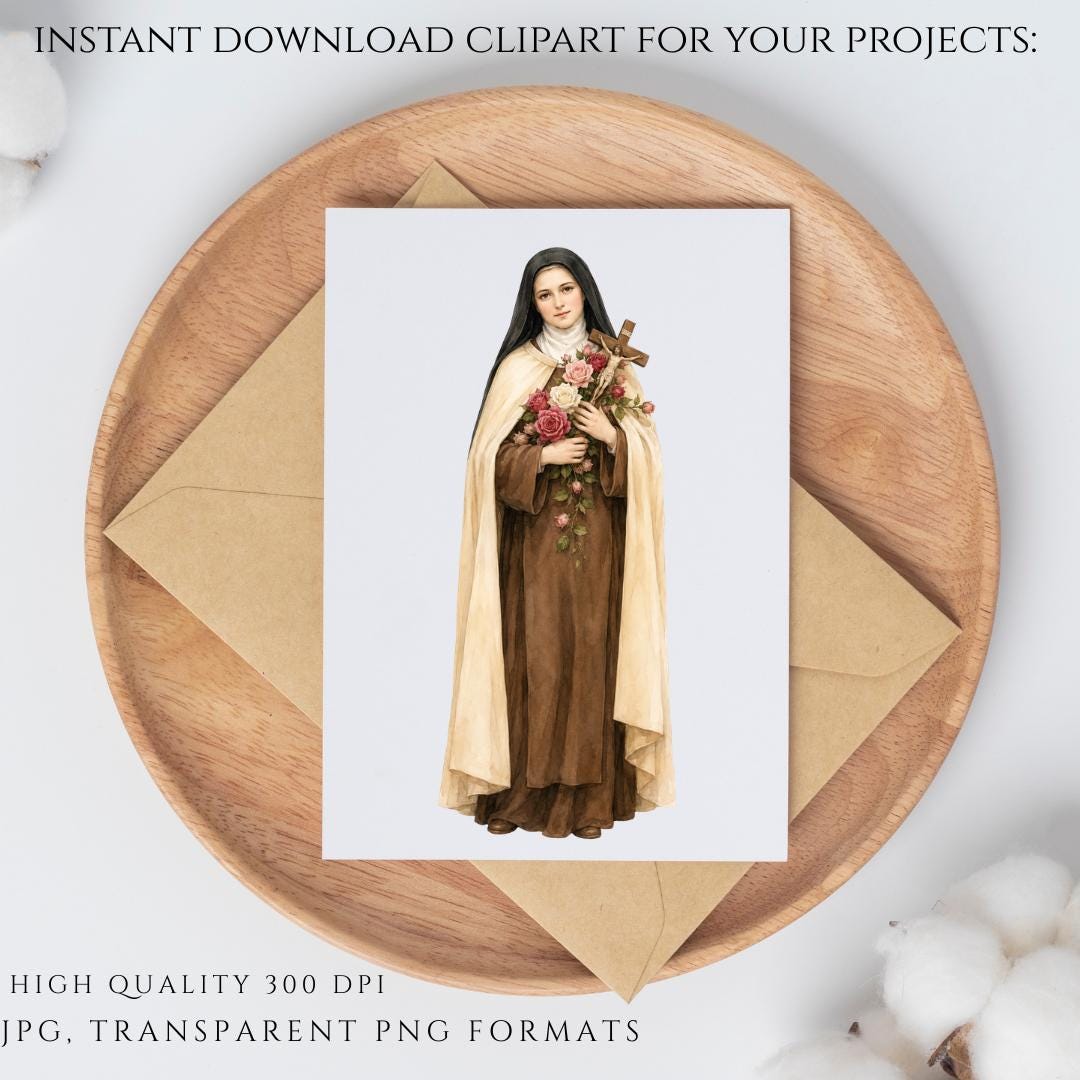 Catholic St Therese clipart set featuring Little Flower portraits, rose bouquet, and crucifix | Paquete de clipart católico de Santa Teresita con retratos, ramo de rosas y crucifijo
