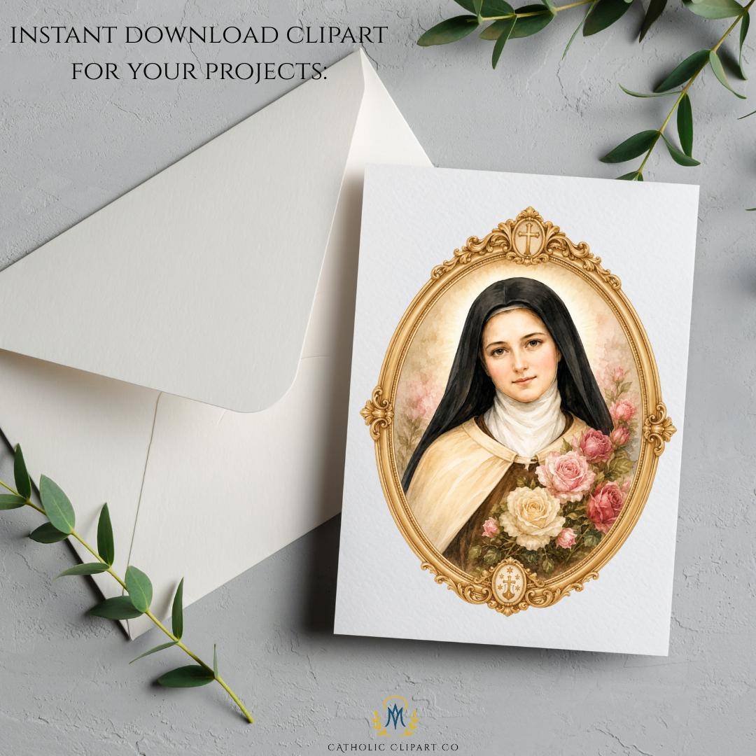St Therese of Lisieux PNG clipart design kit with pink roses and holy card style artwork | Kit de clipart PNG de Santa Teresita de Lisieux con rosas rosadas y estilo estampa religiosa