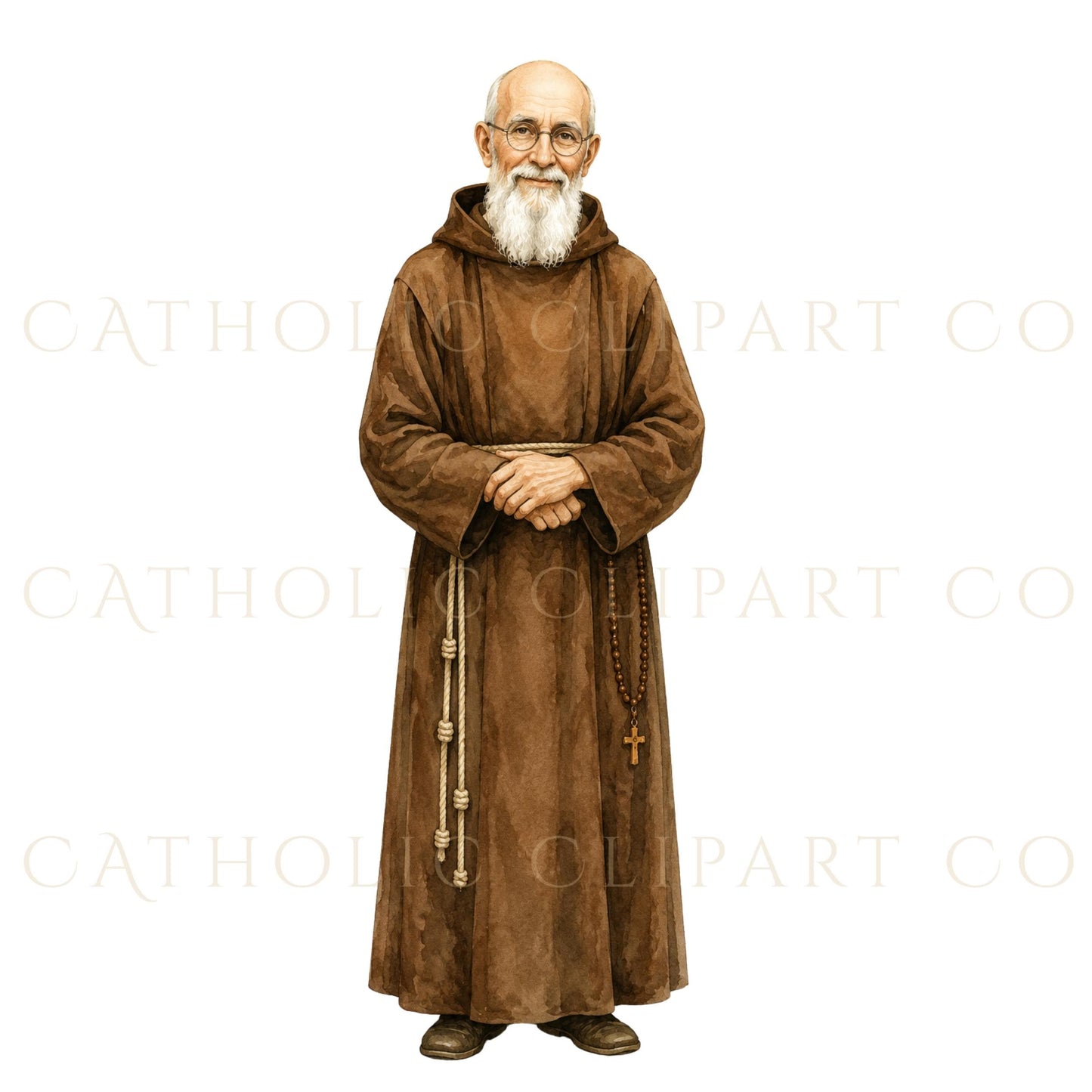 Blessed Solanus Casey devotional watercolor portrait holding a rosary, wearing a brown Franciscan habit and golden halo | Retrato devocional en acuarela del Beato Solanus Casey sosteniendo un rosario, vestido con hábito franciscano marrón y halo dorado