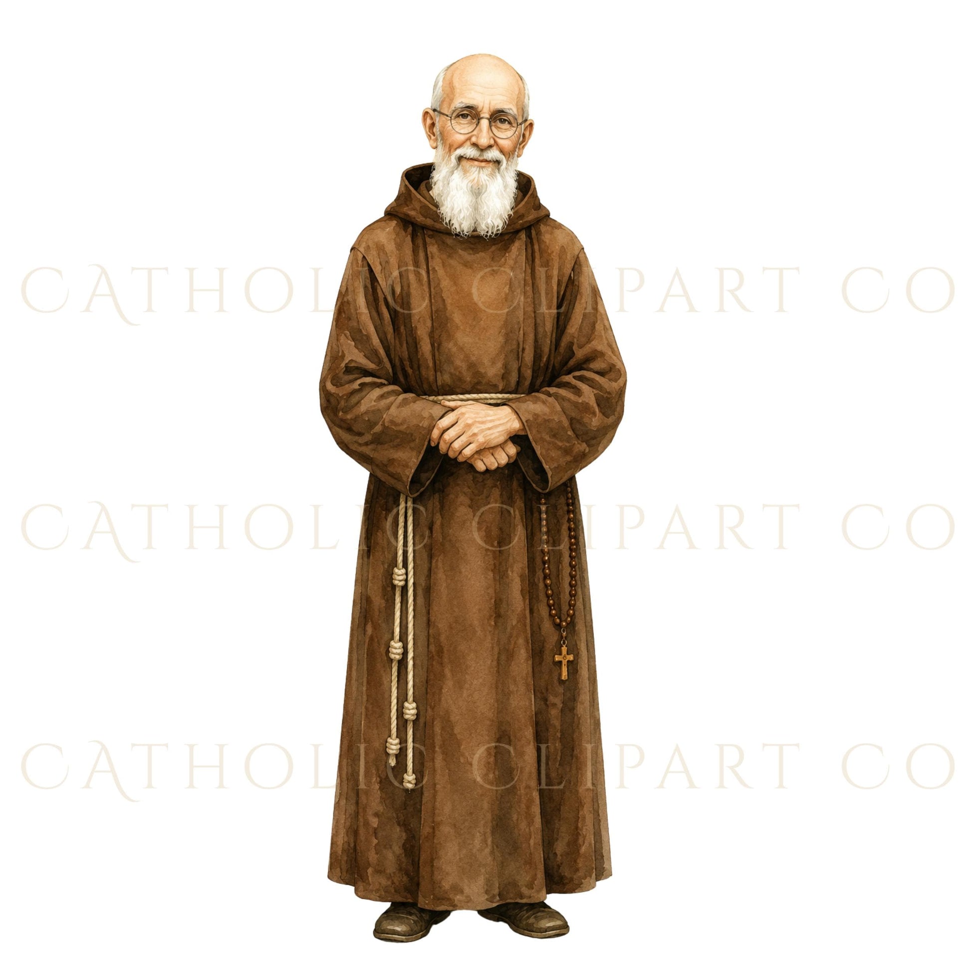 Blessed Solanus Casey devotional watercolor portrait holding a rosary, wearing a brown Franciscan habit and golden halo | Retrato devocional en acuarela del Beato Solanus Casey sosteniendo un rosario, vestido con hábito franciscano marrón y halo dorado