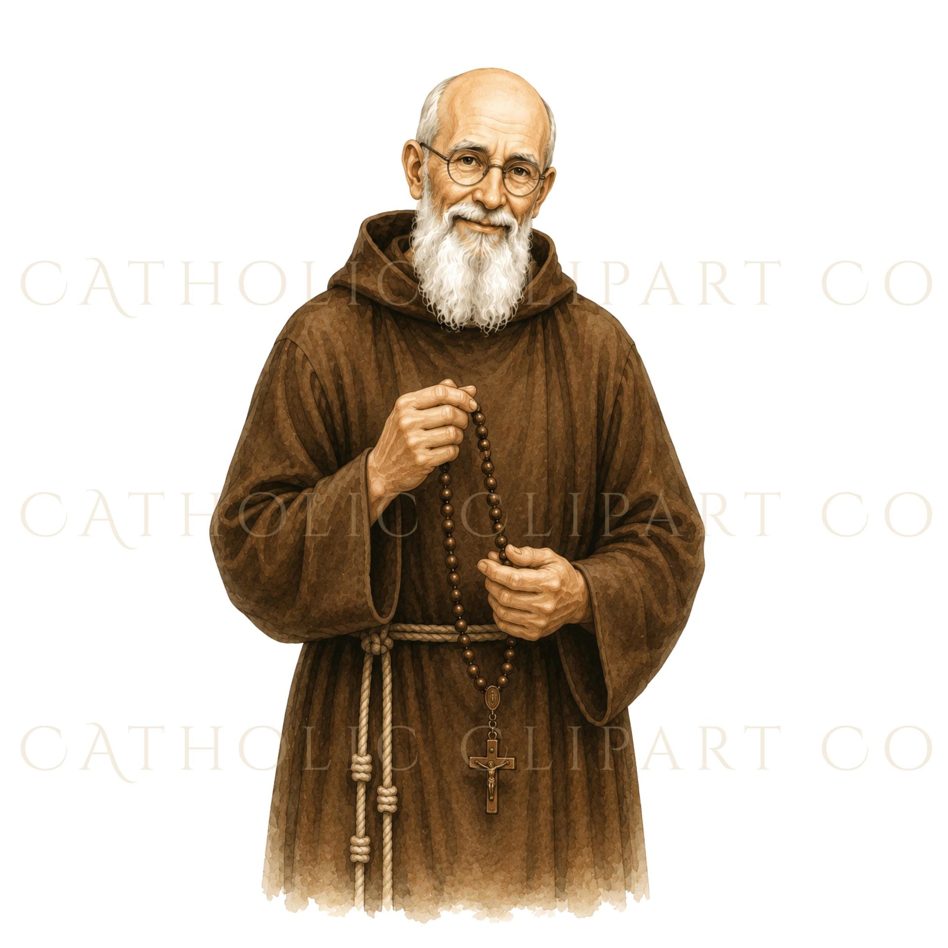 Blessed Solanus Casey watercolor clipart holding a wooden crucifix close to his heart, Catholic devotional PNG for religious crafts | Clipart en acuarela del Beato Solanus Casey sosteniendo un crucifijo de madera junto al corazón, PNG devocional católico para manualidades religiosas