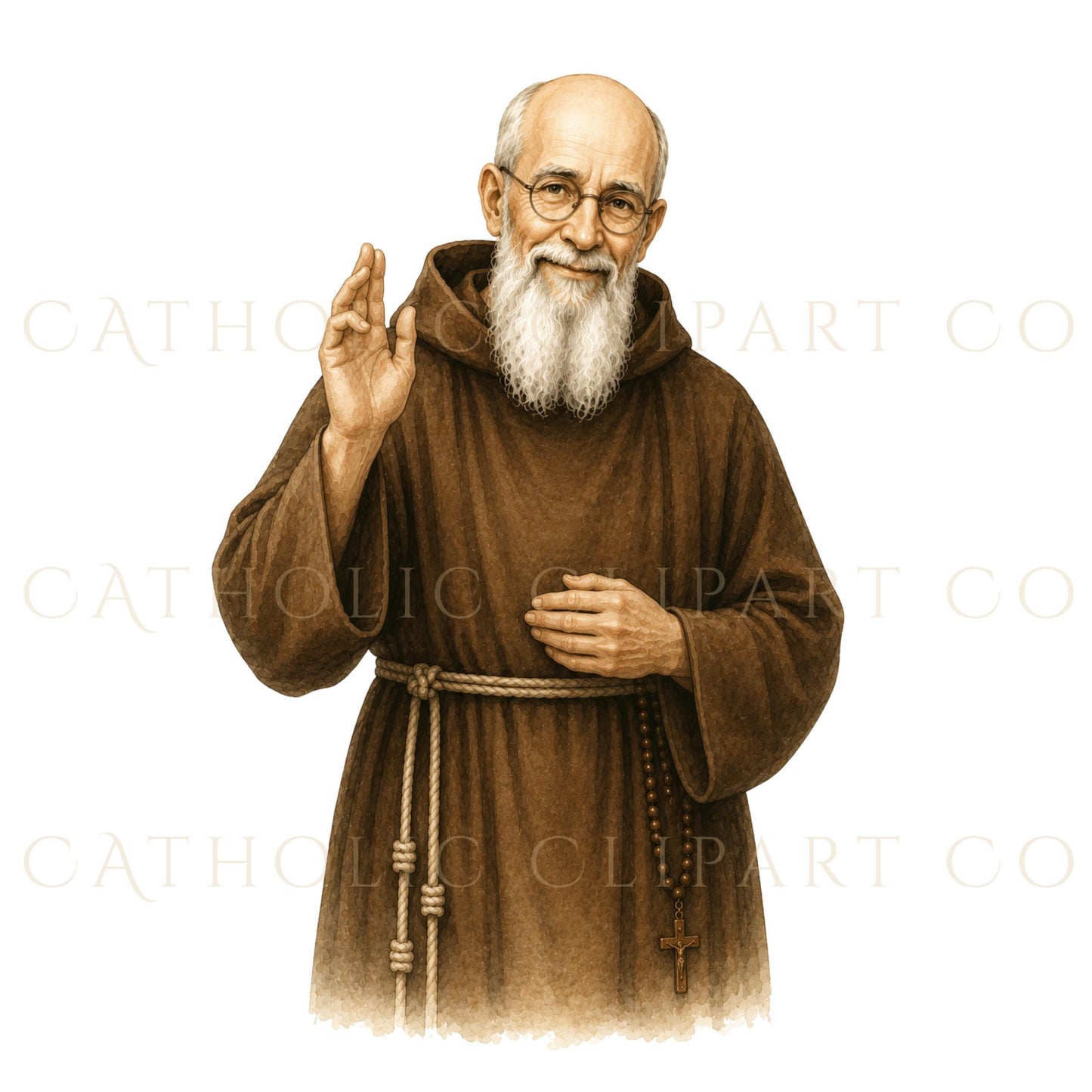 Blessed Solanus Casey kneeling in prayer watercolor clipart with clasped hands, halo, rosary, and traditional Capuchin robe | Clipart en acuarela del Beato Solanus Casey arrodillado en oración con las manos juntas, halo, rosario y hábito capuchino tradicional