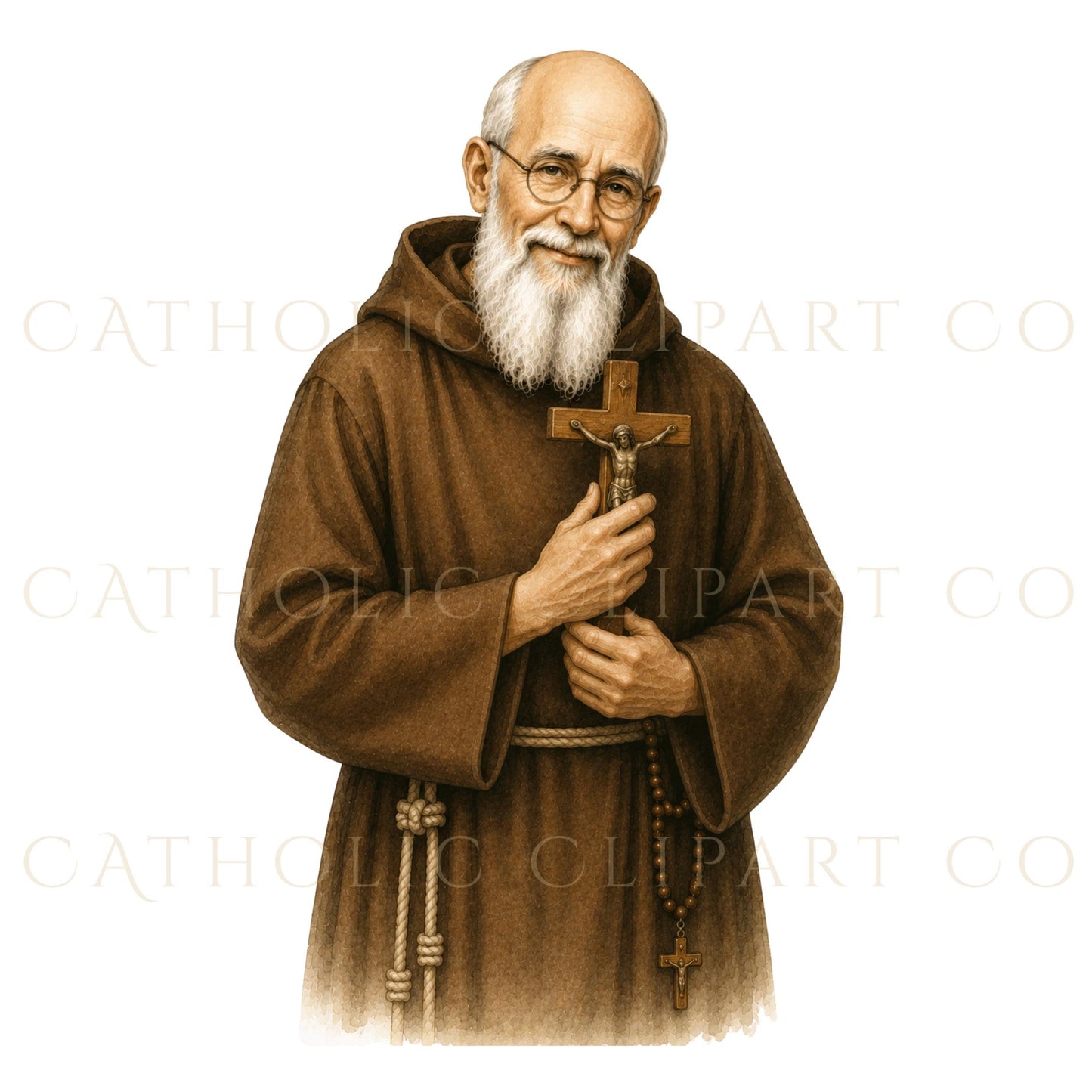 Blessed Solanus Casey holy card style bust portrait in watercolor with glasses, white beard, halo, and brown Franciscan habit | Retrato de busto estilo estampa religiosa del Beato Solanus Casey en acuarela con gafas, barba blanca, halo y hábito franciscano marrón