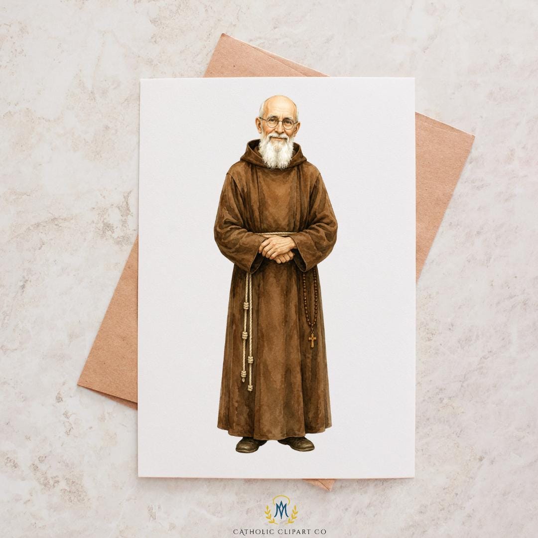 Blessed Solanus Casey watercolor saint illustration with warm brown Capuchin habit, white beard, round glasses, and soft devotional styling | Ilustración en acuarela del Beato Solanus Casey con hábito capuchino marrón, barba blanca, gafas redondas y delicado estilo devocional