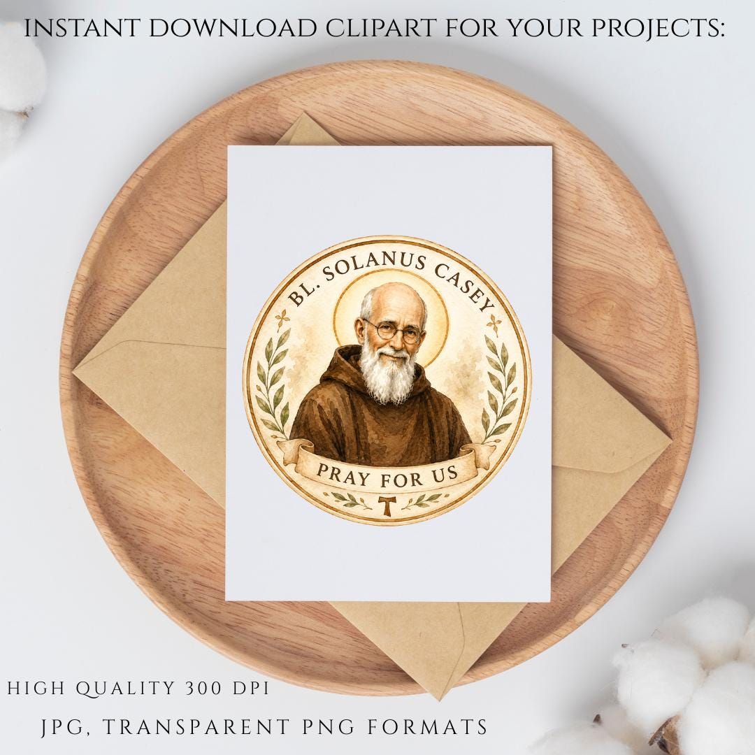 Blessed Solanus Casey Franciscan watercolor graphic with peaceful expression, traditional brown robe, rope belt, and rosary beads | Gráfico franciscano en acuarela del Beato Solanus Casey con expresión serena, hábito marrón tradicional, cordón y cuentas de rosario