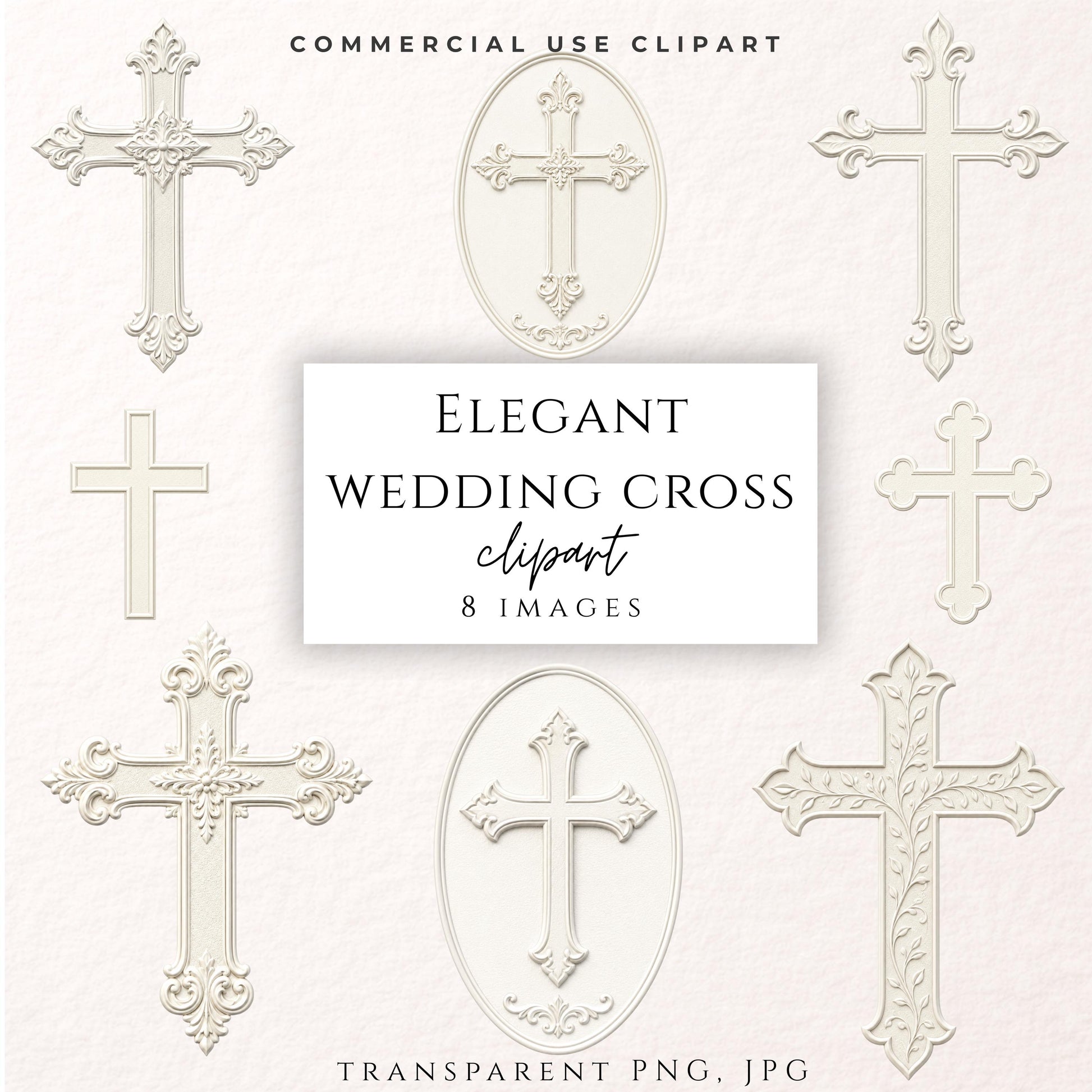 Elegant white embossed wedding cross clipart with ornate floral details, transparent PNG and JPG / Clipart de cruz elegante blanca en relieve para boda con detalles florales ornamentales, PNG transparente y JPG