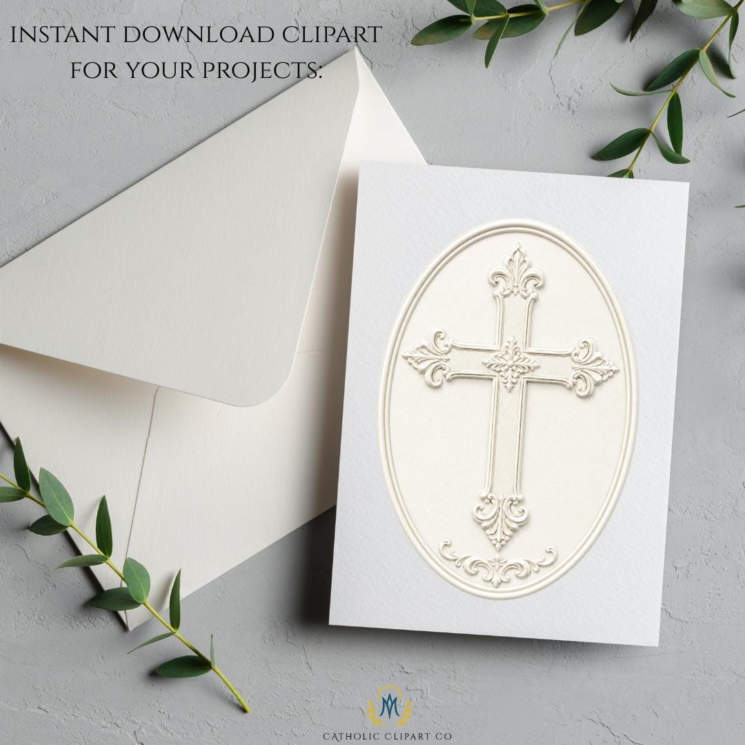 Ornate ivory Catholic cross graphic for wedding invitations and Mass programs / Gráfico de cruz católica marfil ornamentada para invitaciones de boda y programas de Misa