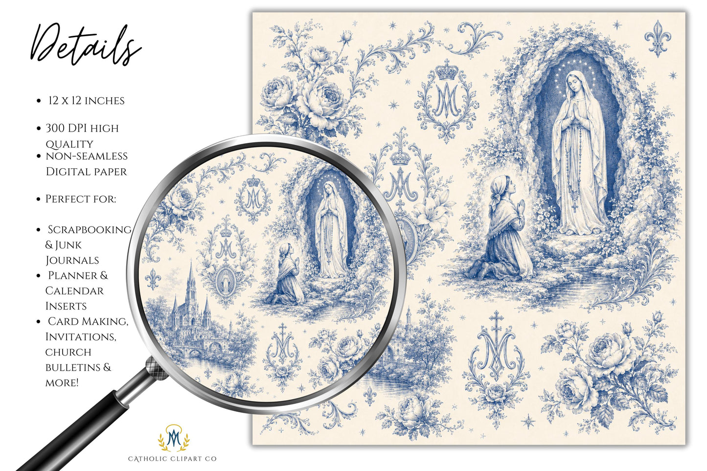 Marian blue religious digital paper featuring the Lourdes grotto, Virgin Mary, ornate Catholic emblems, roses, and antique engraving style / Papel digital religioso azul mariano con la gruta de Lourdes, Virgen María, emblemas católicos ornamentados, rosas y estilo de grabado antiguo