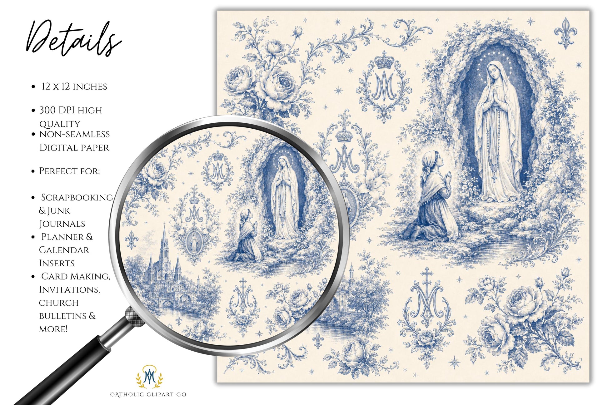 Marian blue religious digital paper featuring the Lourdes grotto, Virgin Mary, ornate Catholic emblems, roses, and antique engraving style / Papel digital religioso azul mariano con la gruta de Lourdes, Virgen María, emblemas católicos ornamentados, rosas y estilo de grabado antiguo