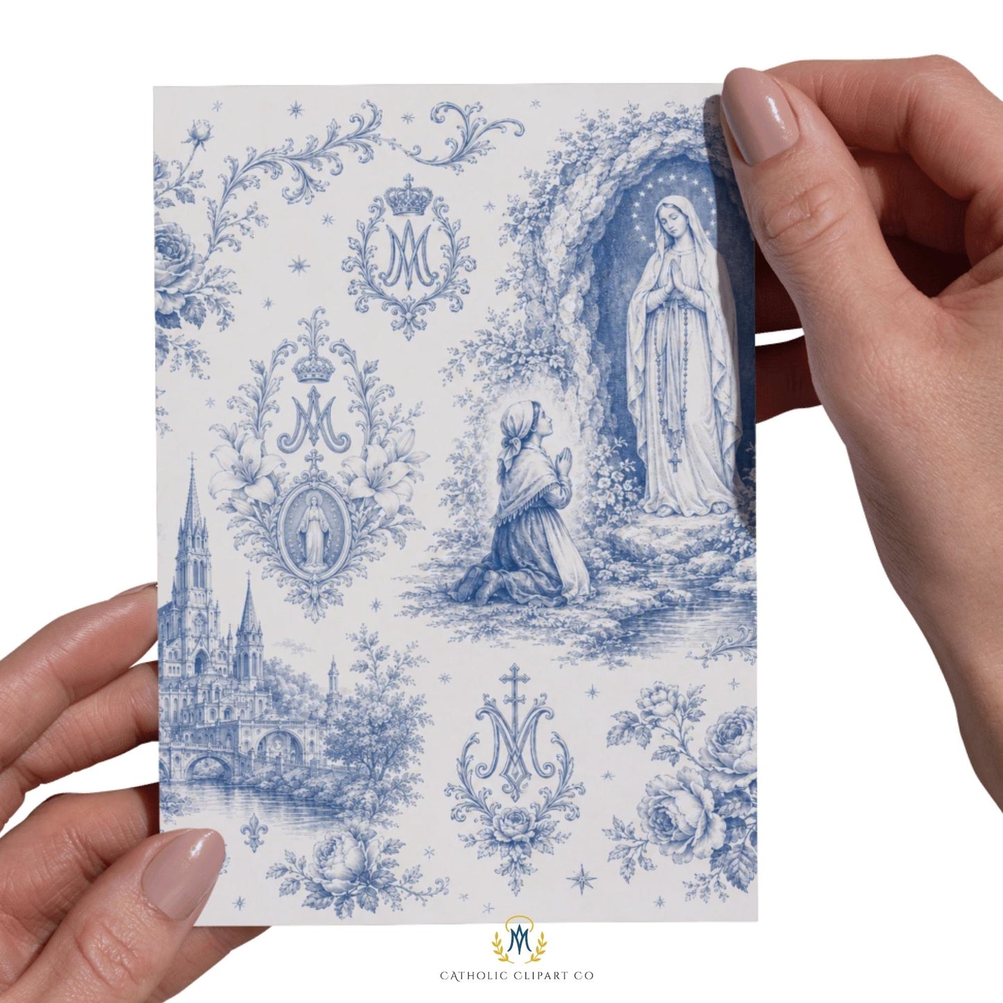 Catholic French toile digital paper with Virgin Mary of Lourdes, St. Bernadette kneeling in prayer, Marian monograms, lilies, and roses / Papel digital toile francés católico con la Virgen de Lourdes, Santa Bernardita arrodillada en oración, monogramas marianos, lirios y rosas