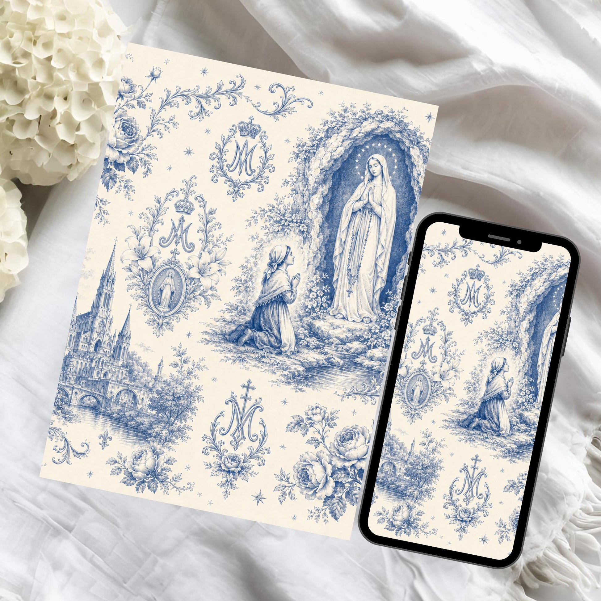 Blue and ivory Catholic digital paper featuring Our Lady of Lourdes at the grotto with St. Bernadette and vintage French toile details / Papel digital católico azul y marfil con Nuestra Señora de Lourdes en la gruta, Santa Bernardita y detalles vintage de toile francés
