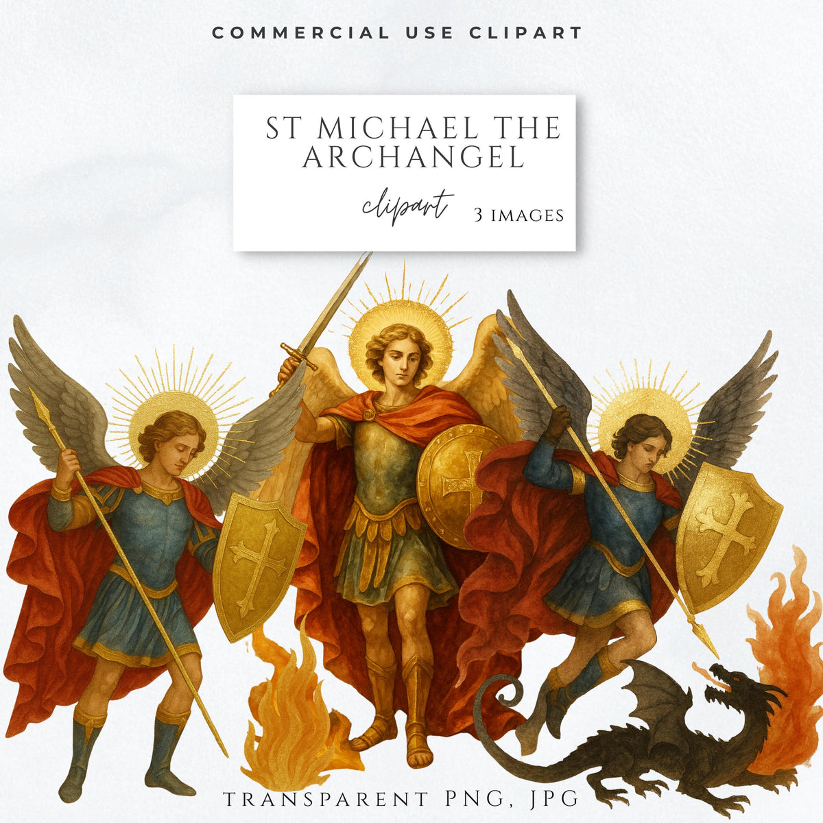 Religious art of St. Michael standing in flames with halo rays / Arte religioso de San Miguel entre llamas con halo radiante