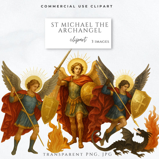 Religious art of St. Michael standing in flames with halo rays / Arte religioso de San Miguel entre llamas con halo radiante