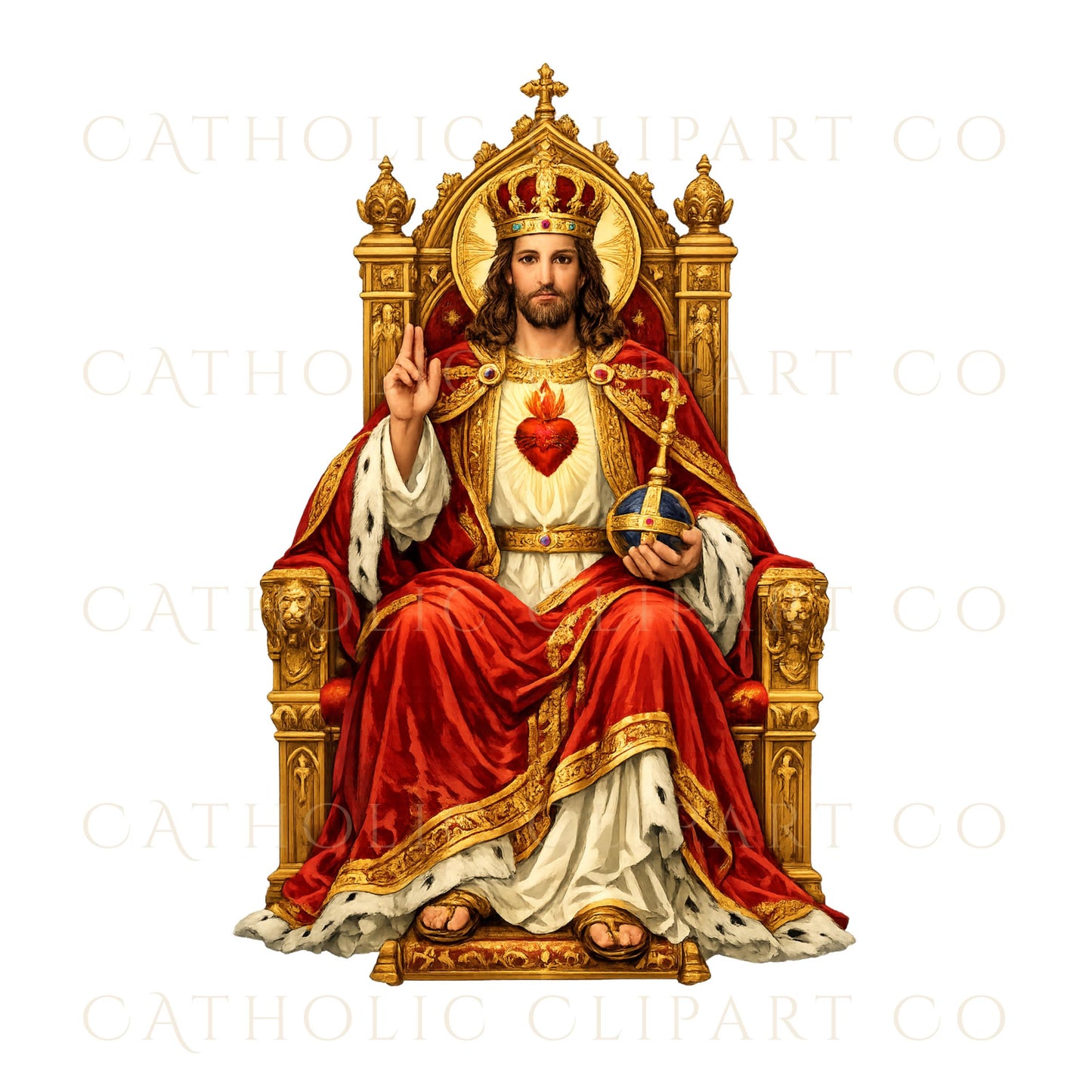 Christ the King Jesus holding royal globe with crown and Sacred Heart Catholic art | Jesús Cristo Rey sosteniendo globo real con corona y Sagrado Corazón