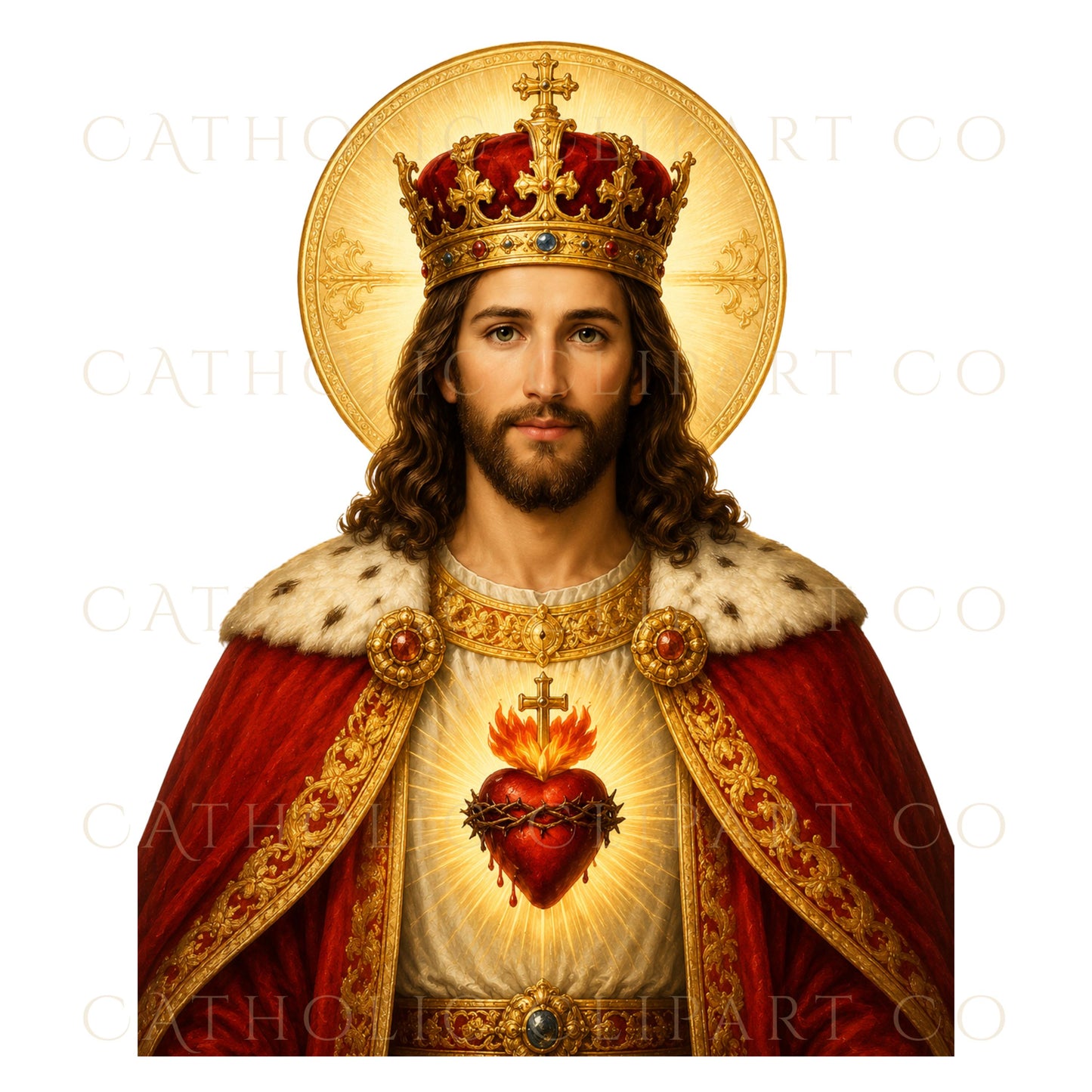 Standing Christ the King Jesus holding cross staff with Sacred Heart religious clipart | Jesús Cristo Rey de pie con cetro de cruz y Sagrado Corazón clipart religioso