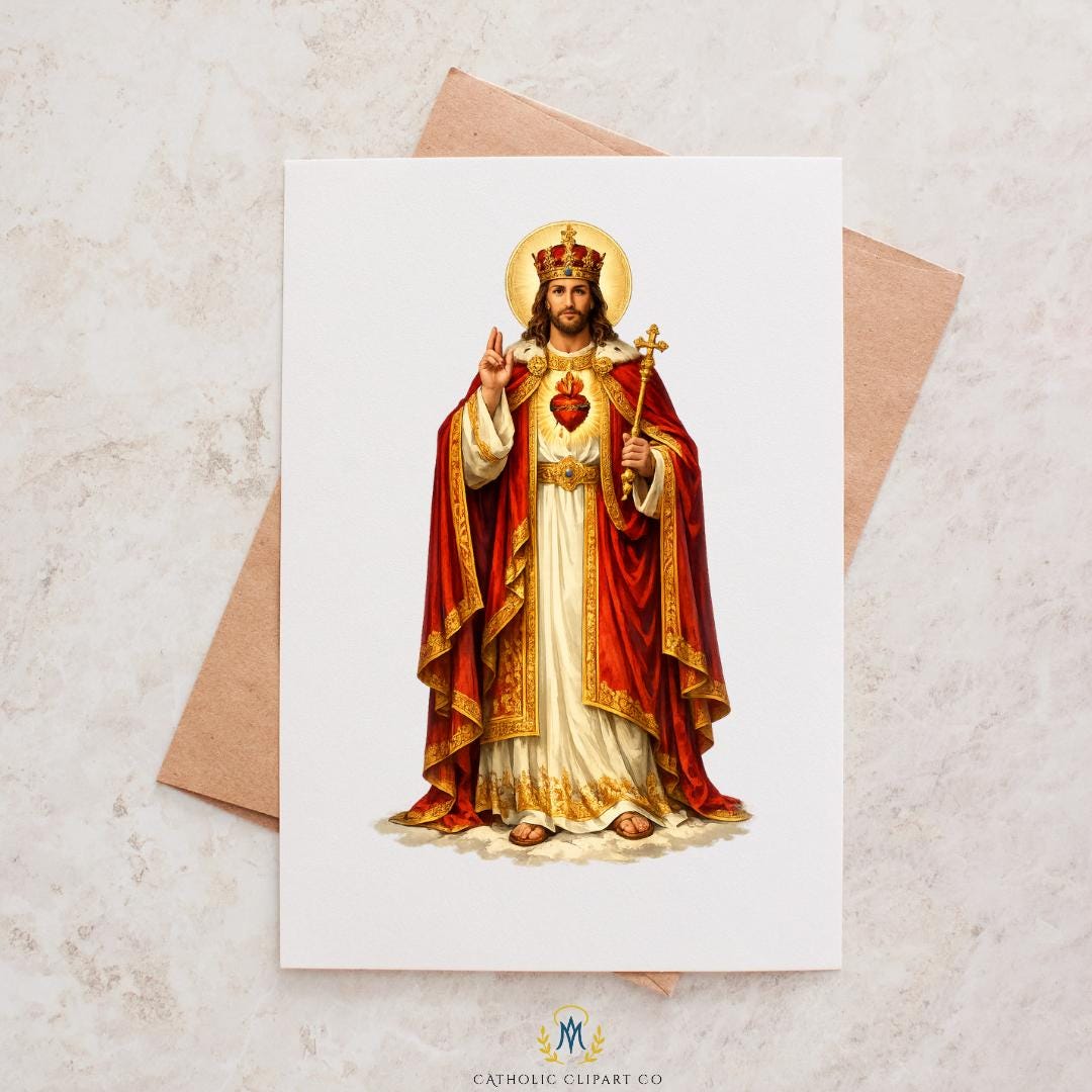 Sacred Heart of Jesus Christ the King Catholic clipart in red and gold robes | Clipart católico del Sagrado Corazón de Jesús Cristo Rey con vestiduras rojas y doradas