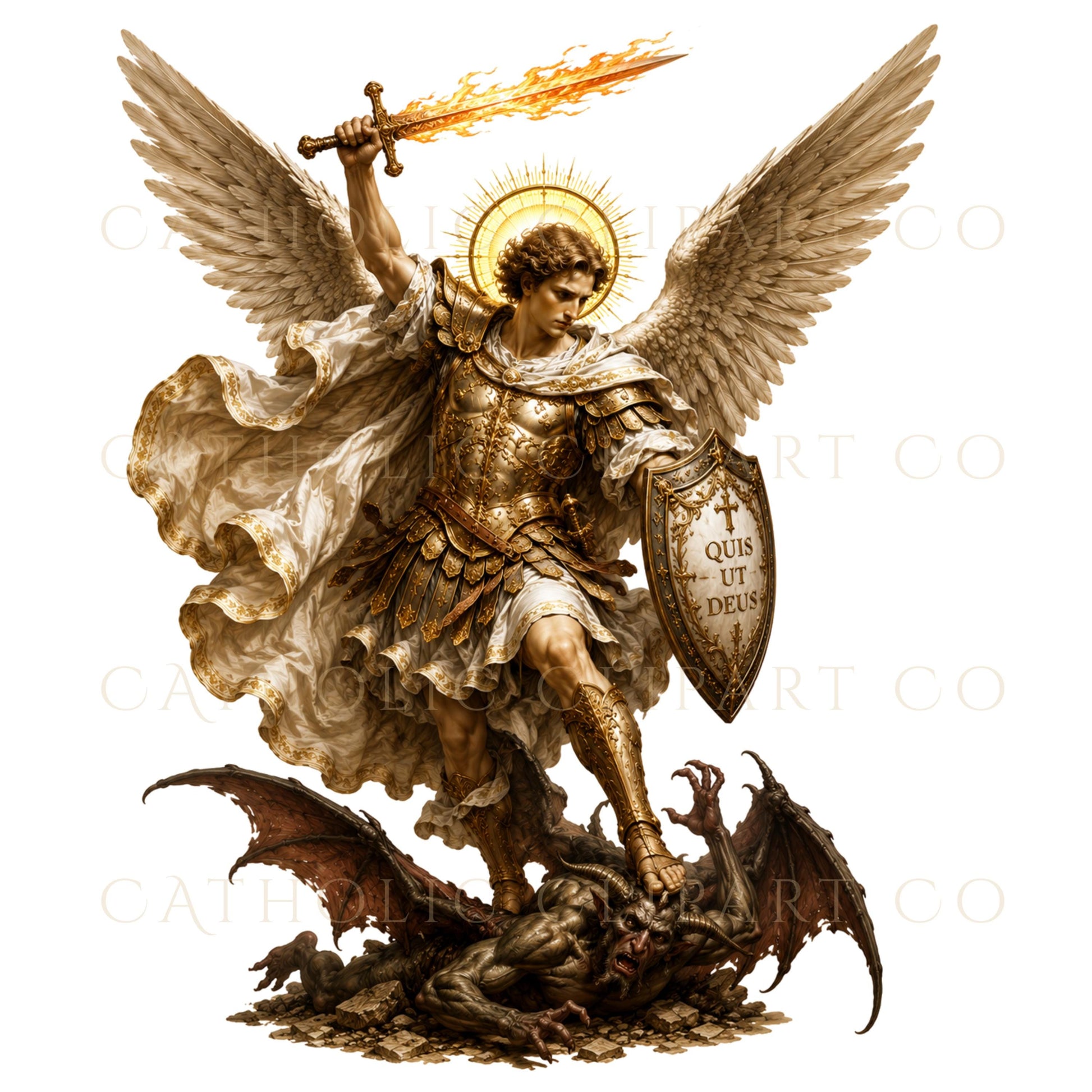 St. Raphael the Archangel walking beside Tobias, carrying a pilgrim staff while Tobias holds a fish | San Rafael Arcángel caminando junto a Tobías, llevando un bastón de peregrino mientras Tobías sostiene un pez.