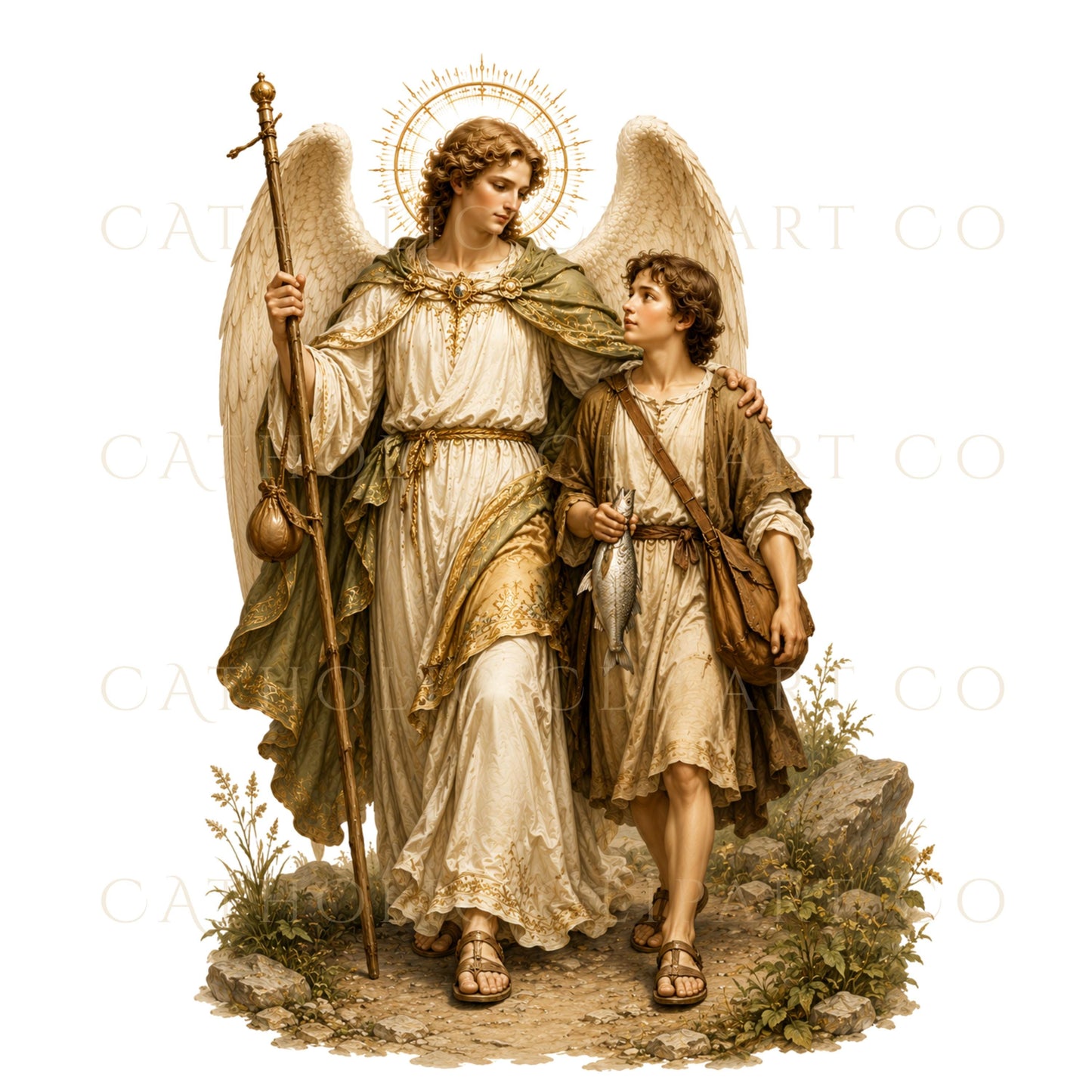 High-resolution Catholic archangel clipart set in antique gold, cream, ivory and muted blue colors | Set de clipart católico de arcángeles en alta resolución con colores dorado antiguo, crema, marfil y azul suave.
