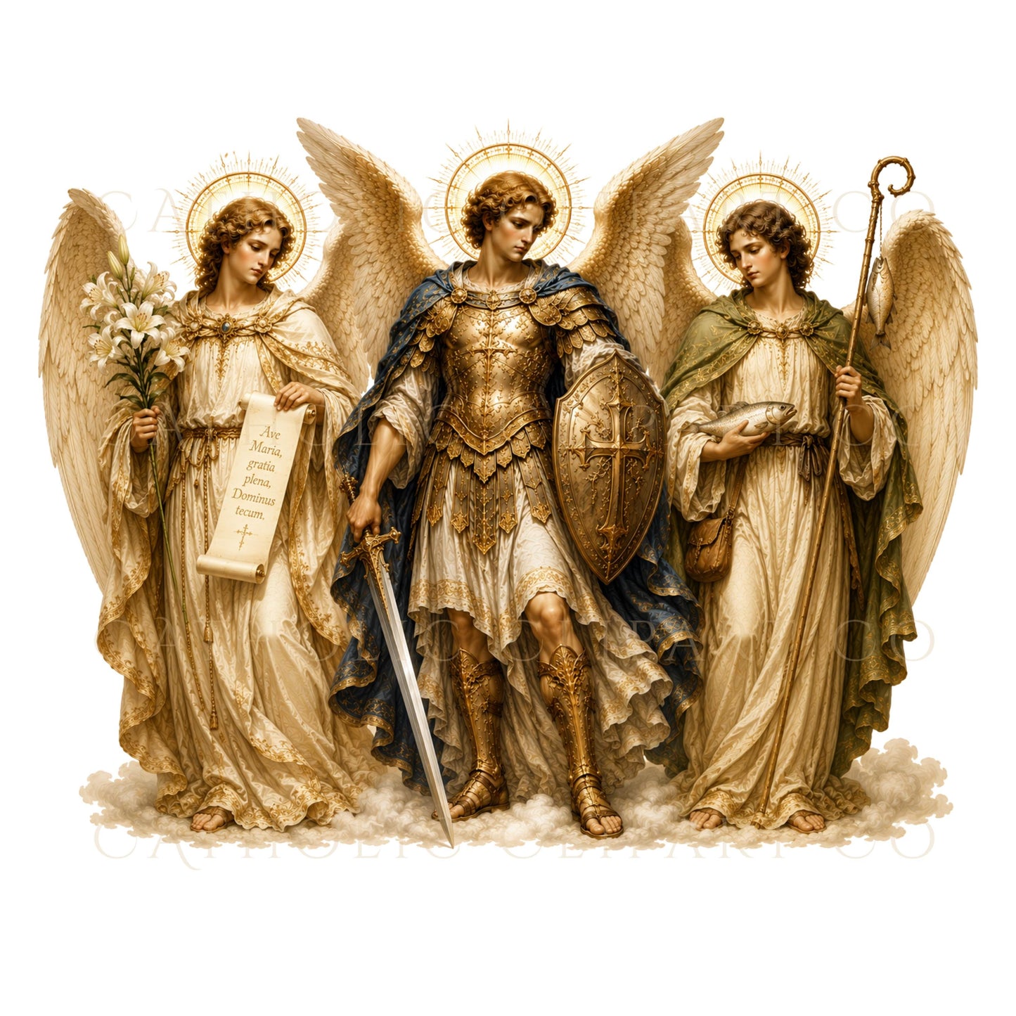 Luxury Catholic heraldic emblem with gold shield, radiant cross, angel wings and decorative baroque flourishes | Emblema heráldico católico de lujo con escudo dorado, cruz radiante, alas de ángel y adornos barrocos.