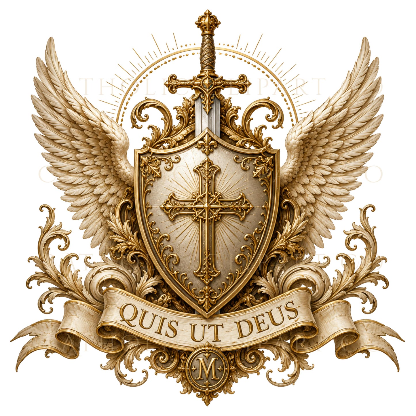 Ornate St. Michael crest featuring angel wings, crossed sword, Catholic cross, shield and Quis Ut Deus banner | Escudo ornamentado de San Miguel con alas de ángel, espada, cruz católica, escudo y cinta Quis Ut Deus.