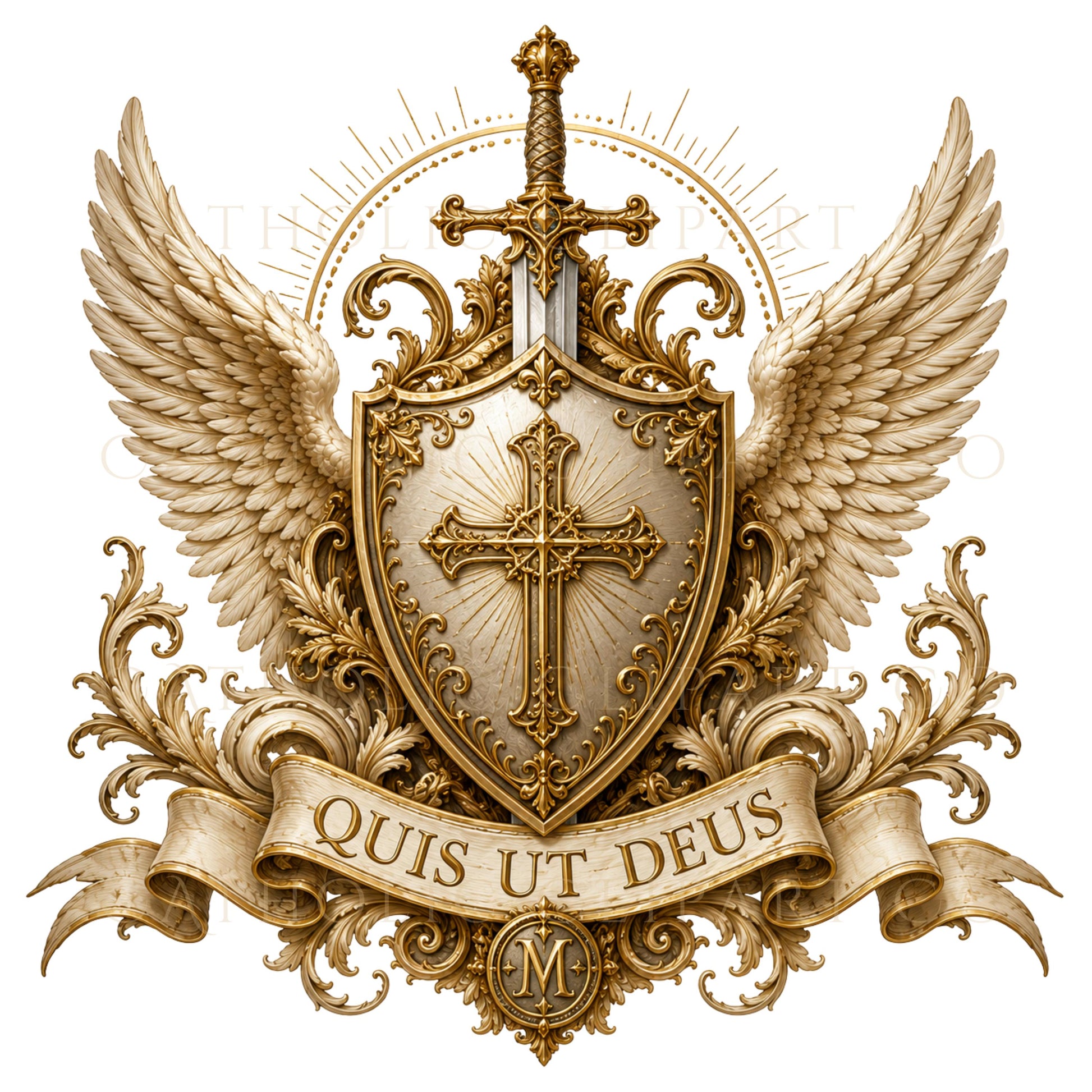 Ornate St. Michael crest featuring angel wings, crossed sword, Catholic cross, shield and Quis Ut Deus banner | Escudo ornamentado de San Miguel con alas de ángel, espada, cruz católica, escudo y cinta Quis Ut Deus.