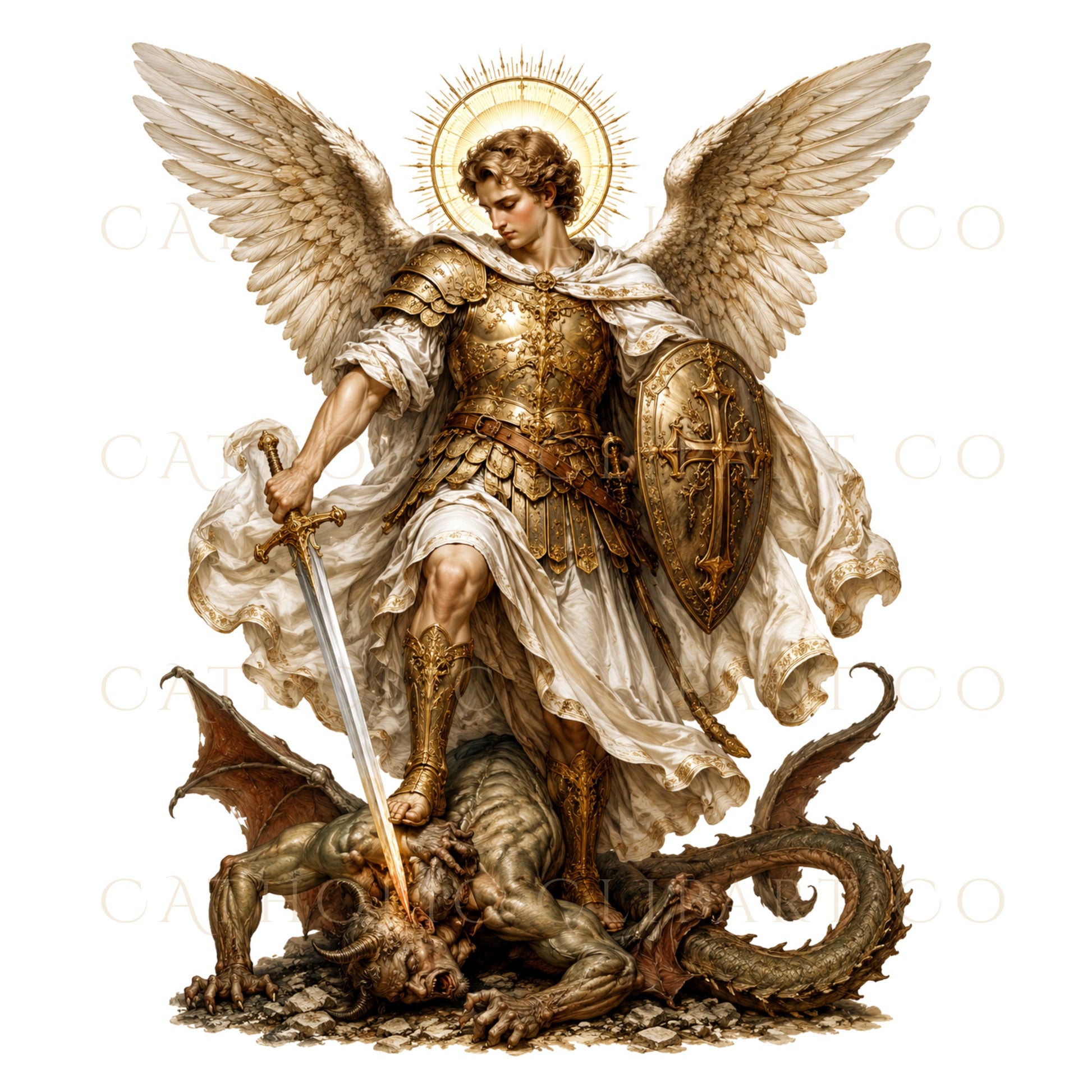 Full-body St. Gabriel clipart with lilies, radiant halo, detailed wings and flowing ivory garments | Clipart de cuerpo completo de San Gabriel con lirios, halo radiante, alas detalladas y vestiduras marfil.