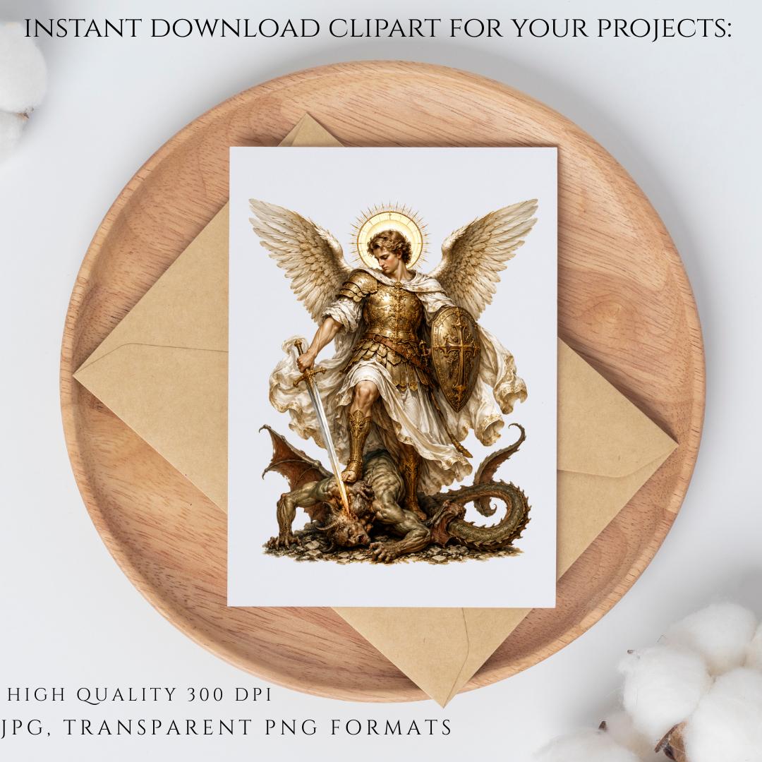 Archangel Michael holding the scales of justice, sword and shield in elegant blue, ivory and gold tones | El Arcángel Miguel sosteniendo la balanza de la justicia, espada y escudo en elegantes tonos azul, marfil y dorado.