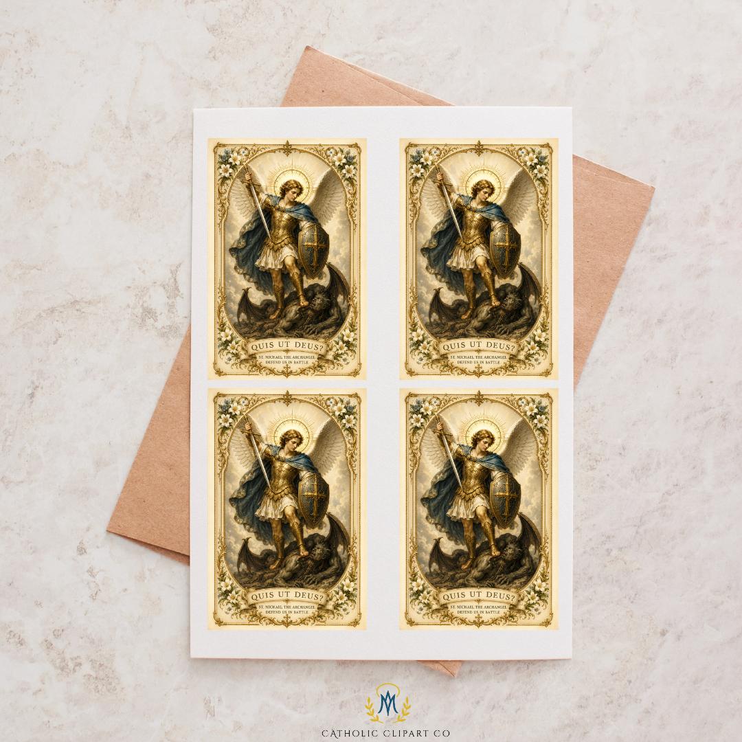 Saint Michael defeating the dragon with a sword and shield in detailed vintage Catholic holy card style | San Miguel venciendo al dragón con espada y escudo en un detallado estilo de estampa católica vintage.