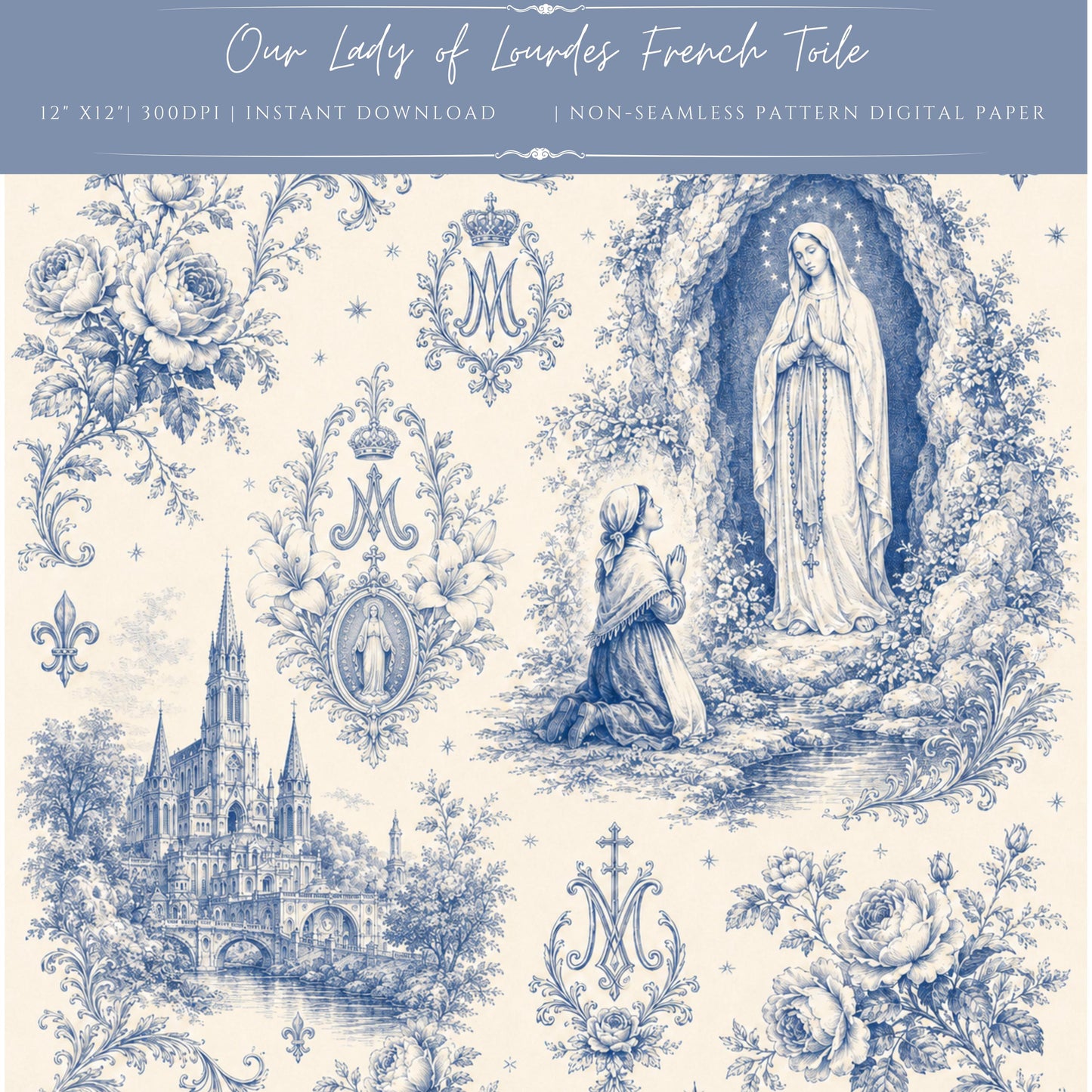 Our Lady of Lourdes French toile digital paper in Marian blue and ivory with St. Bernadette, roses, lilies, and Catholic symbols / Papel digital toile francés de Nuestra Señora de Lourdes en azul mariano y marfil con Santa Bernardita, rosas, lirios y símbolos católicos